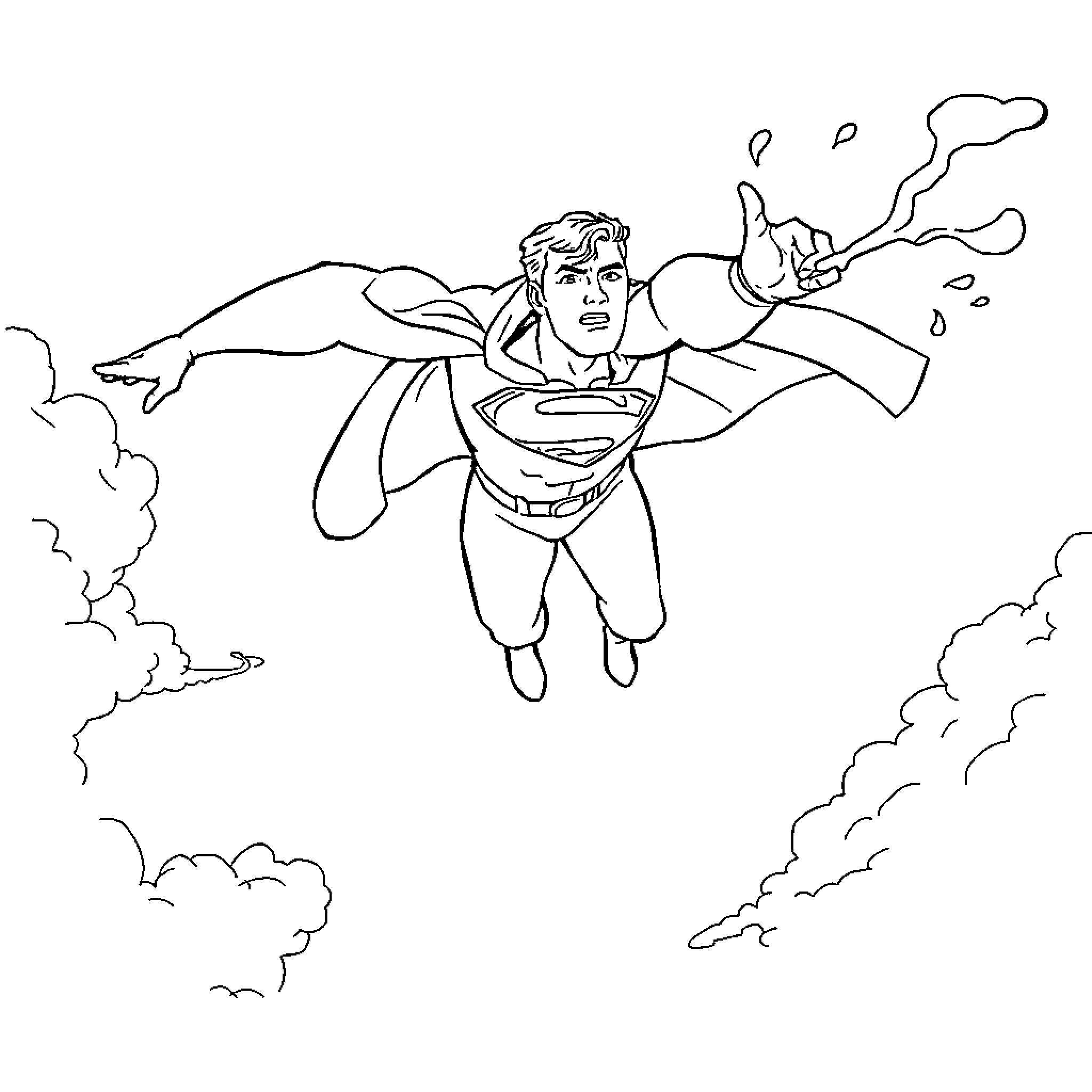 Superman in action, soaring through the sky Coloring Page (free black-and-white line drawing printable PDF for all, from beginners to advanced learners, including children, teens, adults, and seniors)