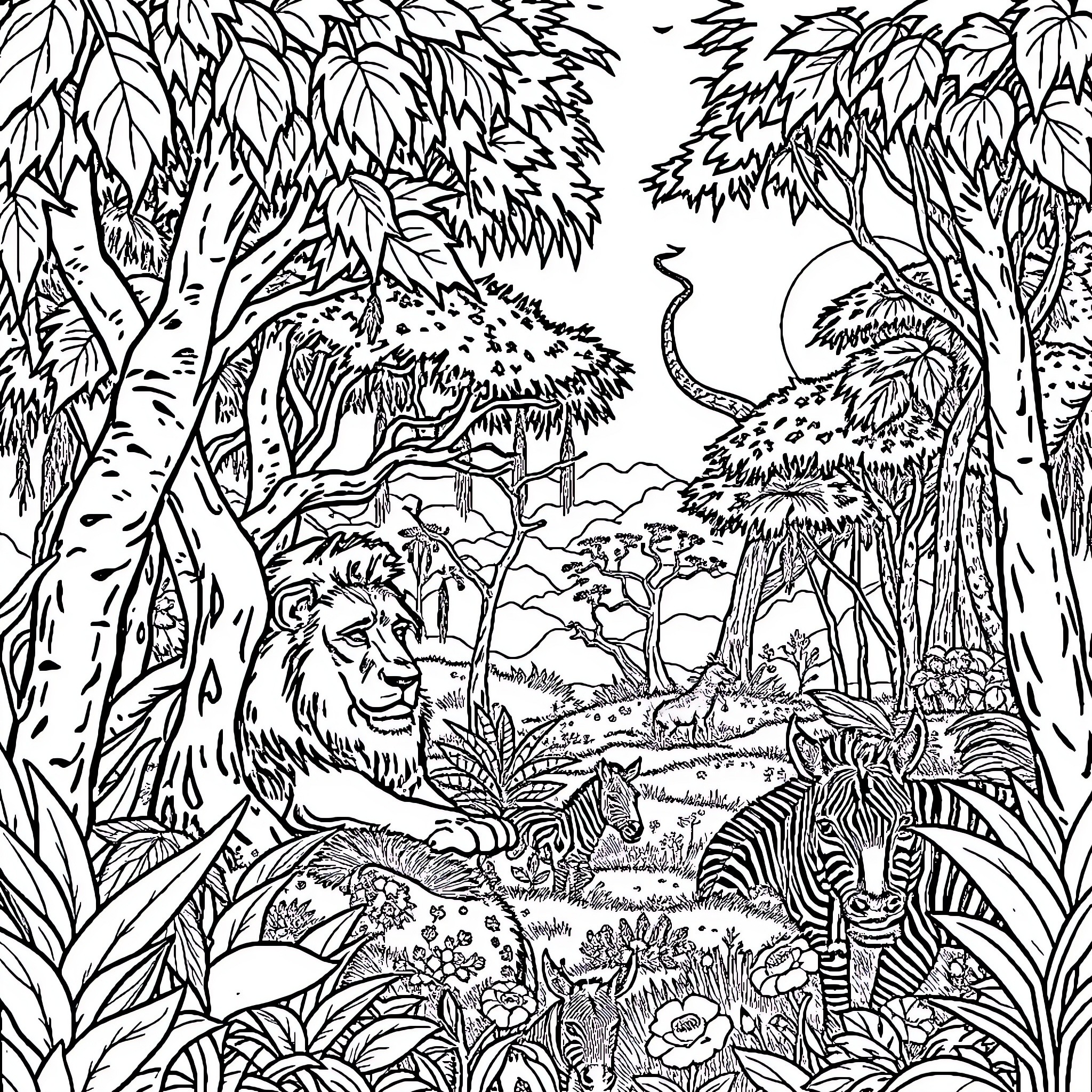 Jungle landscape with wild animals Coloring Page (free black-and-white line drawing printable PDF for all, from beginners to advanced learners, including children, teens, adults, and seniors)