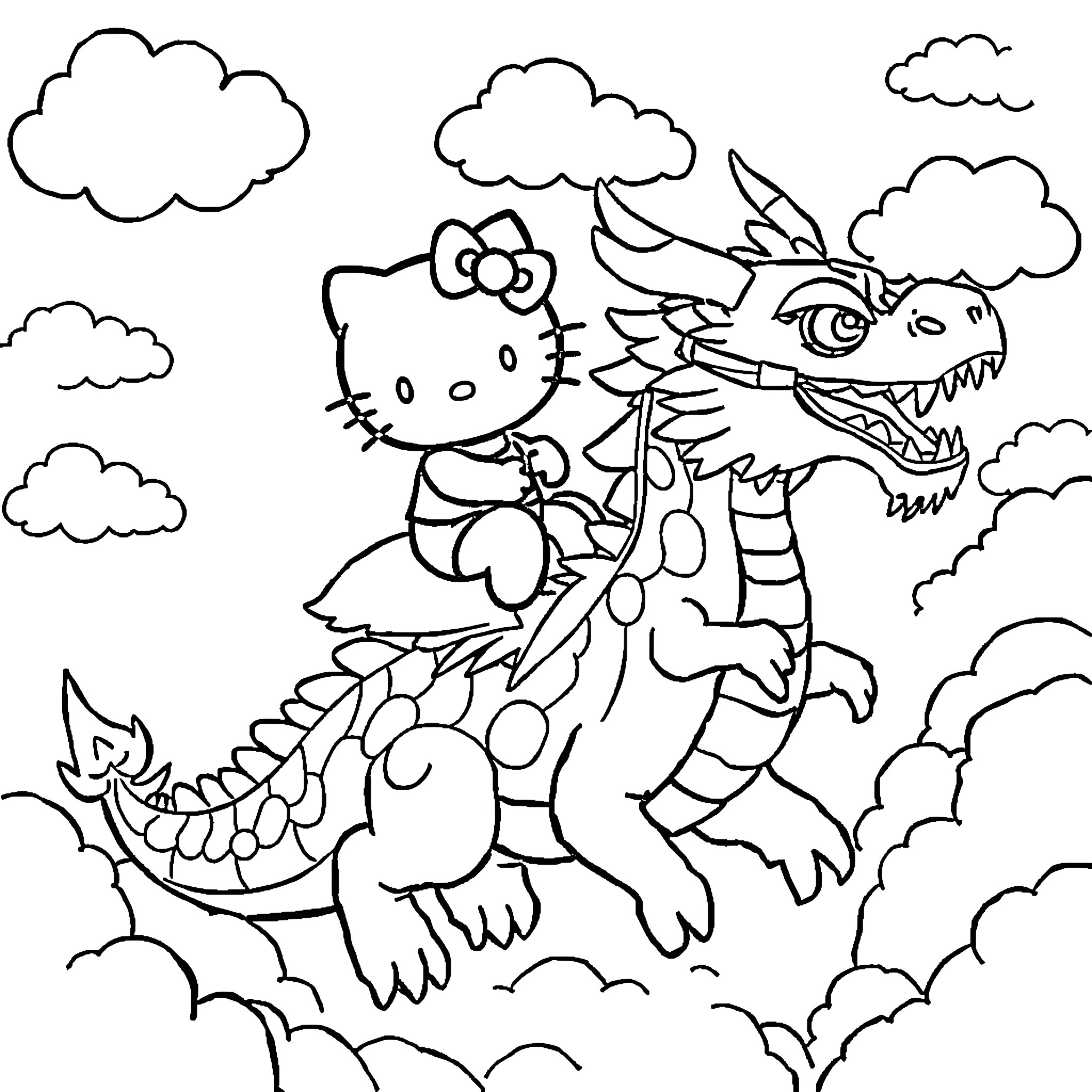 Hello Kitty riding a fierce dragon in the clouds Coloring Page (free black-and-white line drawing printable PDF for all, from beginners to advanced learners, including children, teens, adults, and seniors)