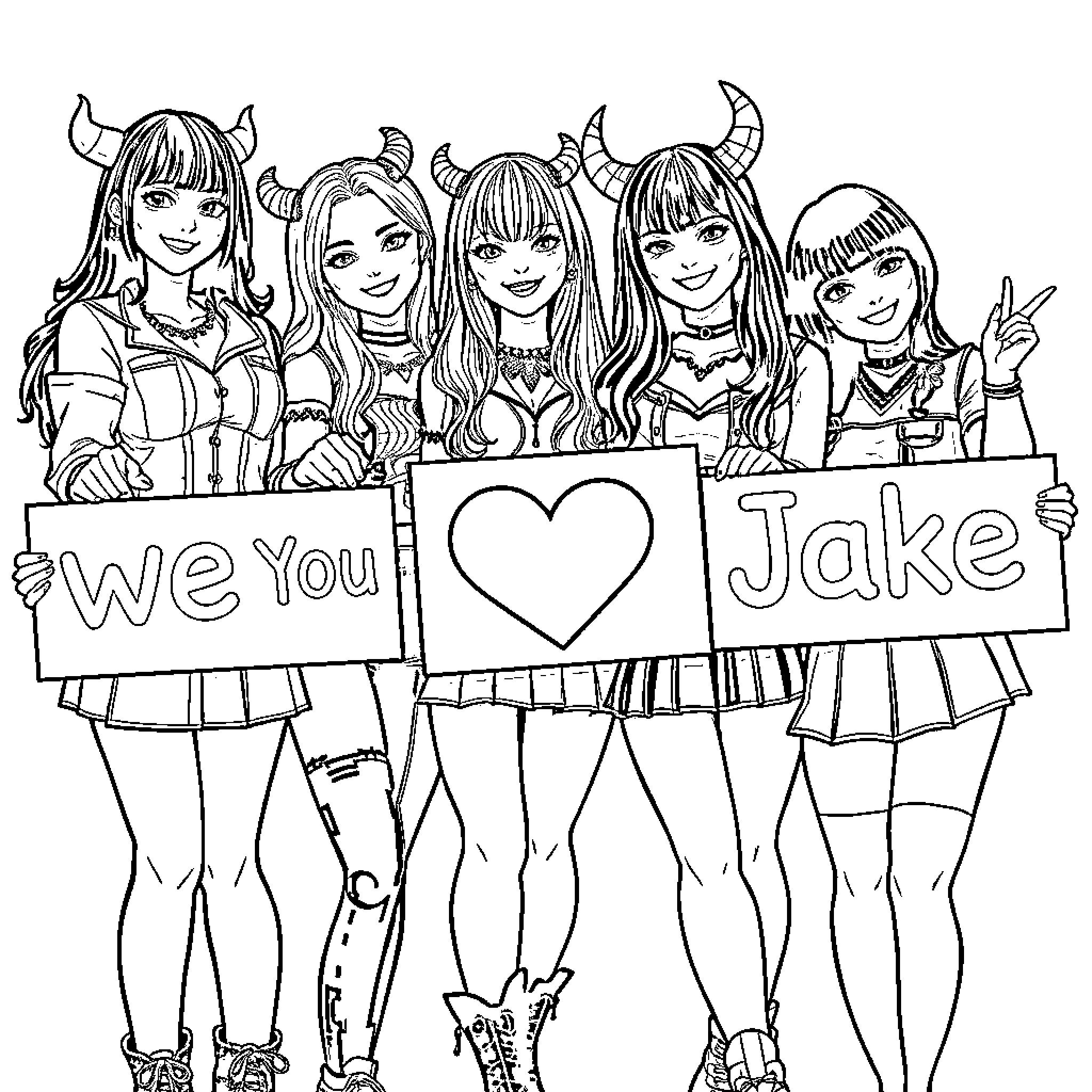 Kpop Girl Group Posing with Banners and Signs Coloring Page (free black-and-white line drawing printable PDF for all, from beginners to advanced learners, including children, teens, adults, and seniors)