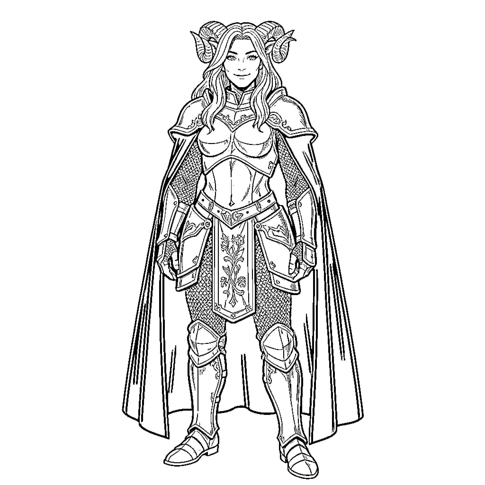 Warrior in ornate armor with horns and a cape Coloring Page (free black-and-white line drawing printable PDF for all, from beginners to advanced learners, including children, teens, adults, and seniors)