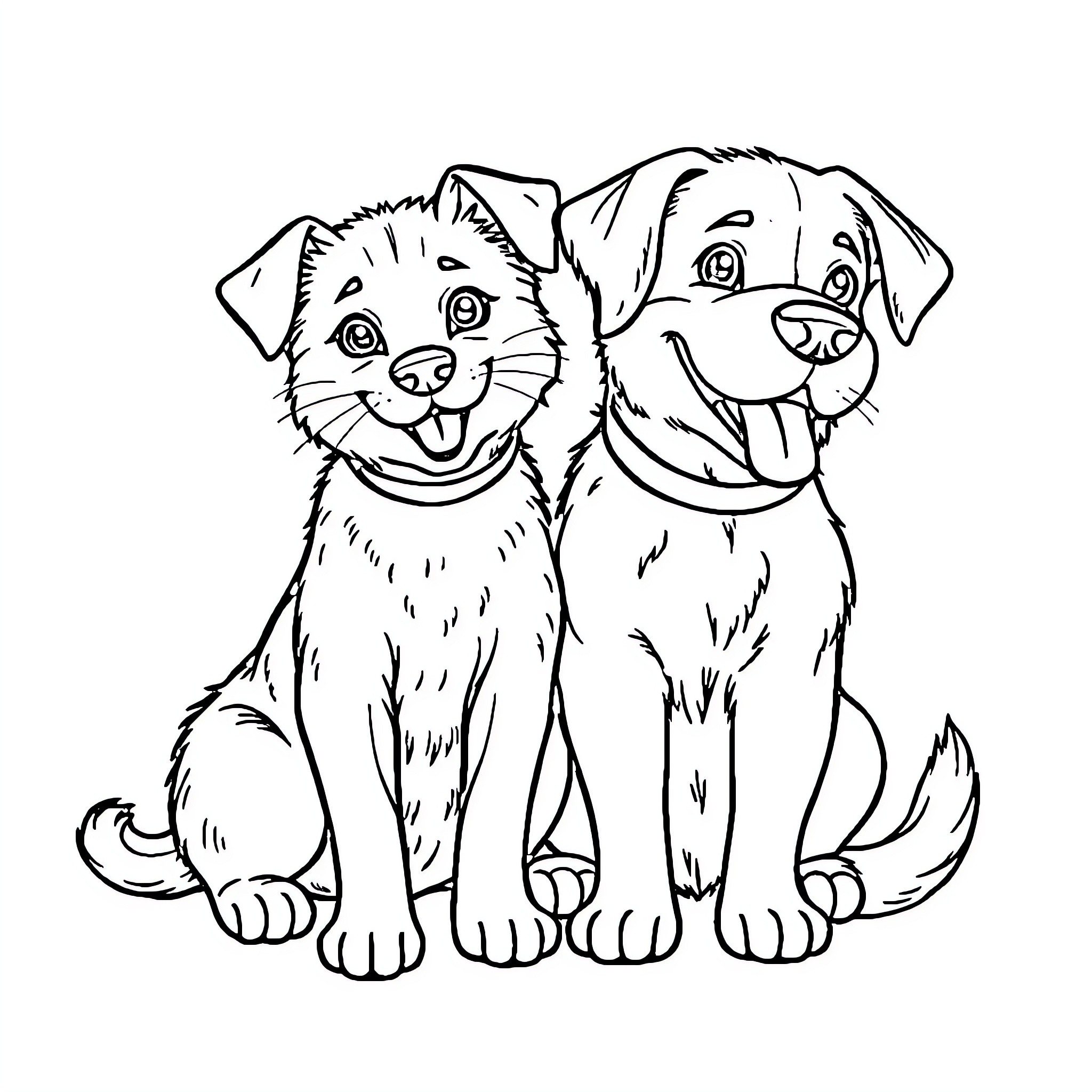 Cat and Dog Sitting Together Happily Coloring Page (free black-and-white line drawing printable PDF for all, from beginners to advanced learners, including children, teens, adults, and seniors)