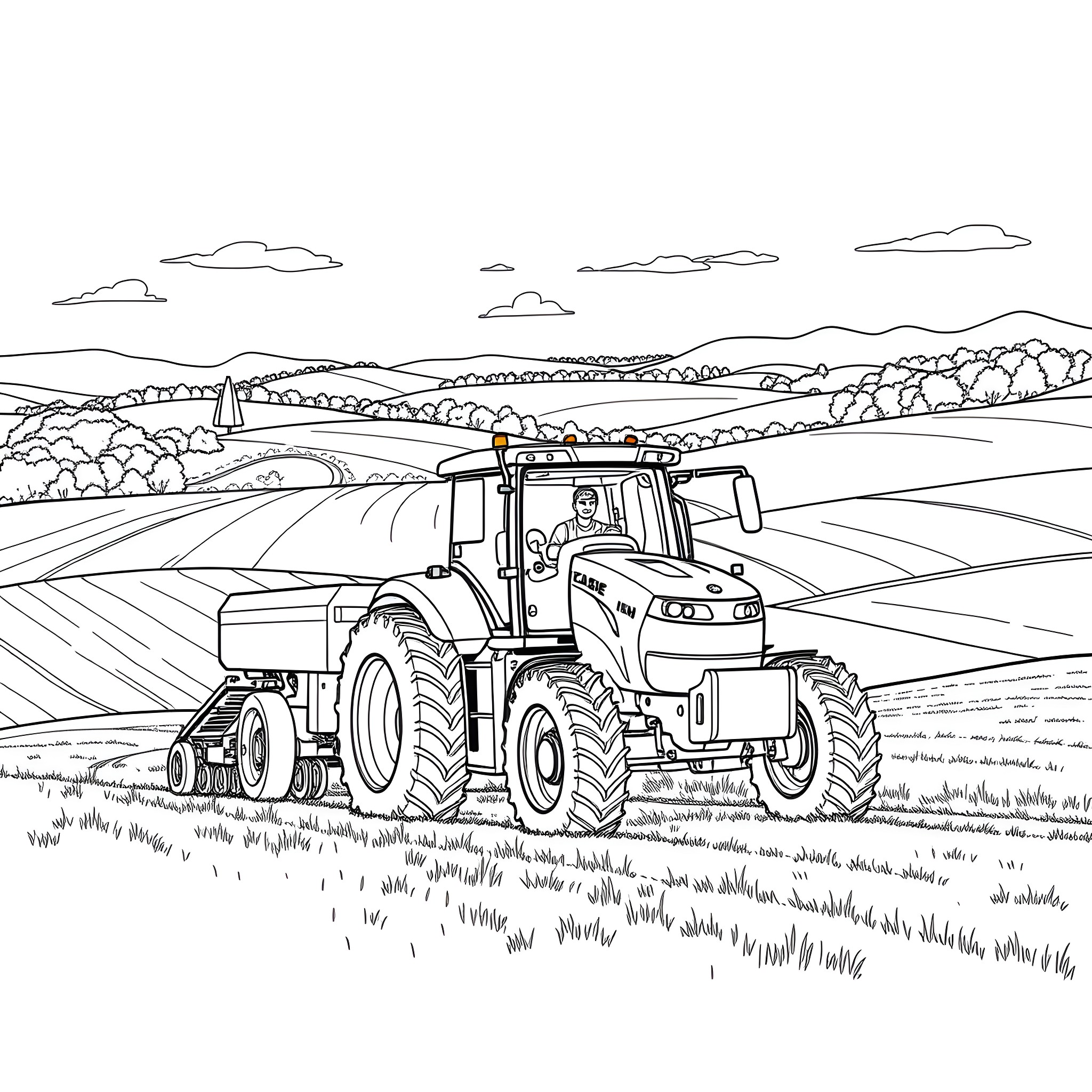 Tractor plowing a countryside field Coloring Page (free black-and-white line drawing printable PDF for all, from beginners to advanced learners, including children, teens, adults, and seniors)