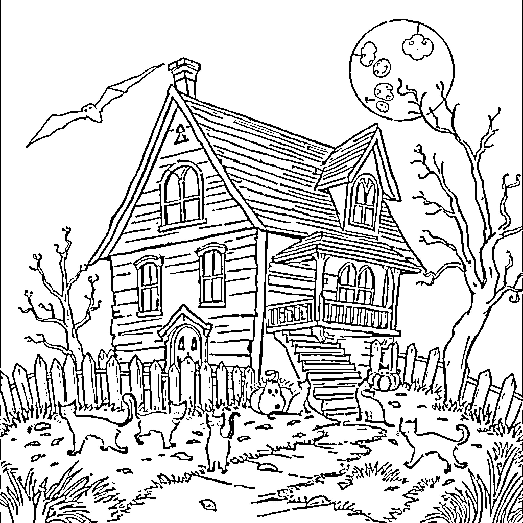 House with spooky elements under the moonlight Coloring Page (free black-and-white line drawing printable PDF for all, from beginners to advanced learners, including children, teens, adults, and seniors)