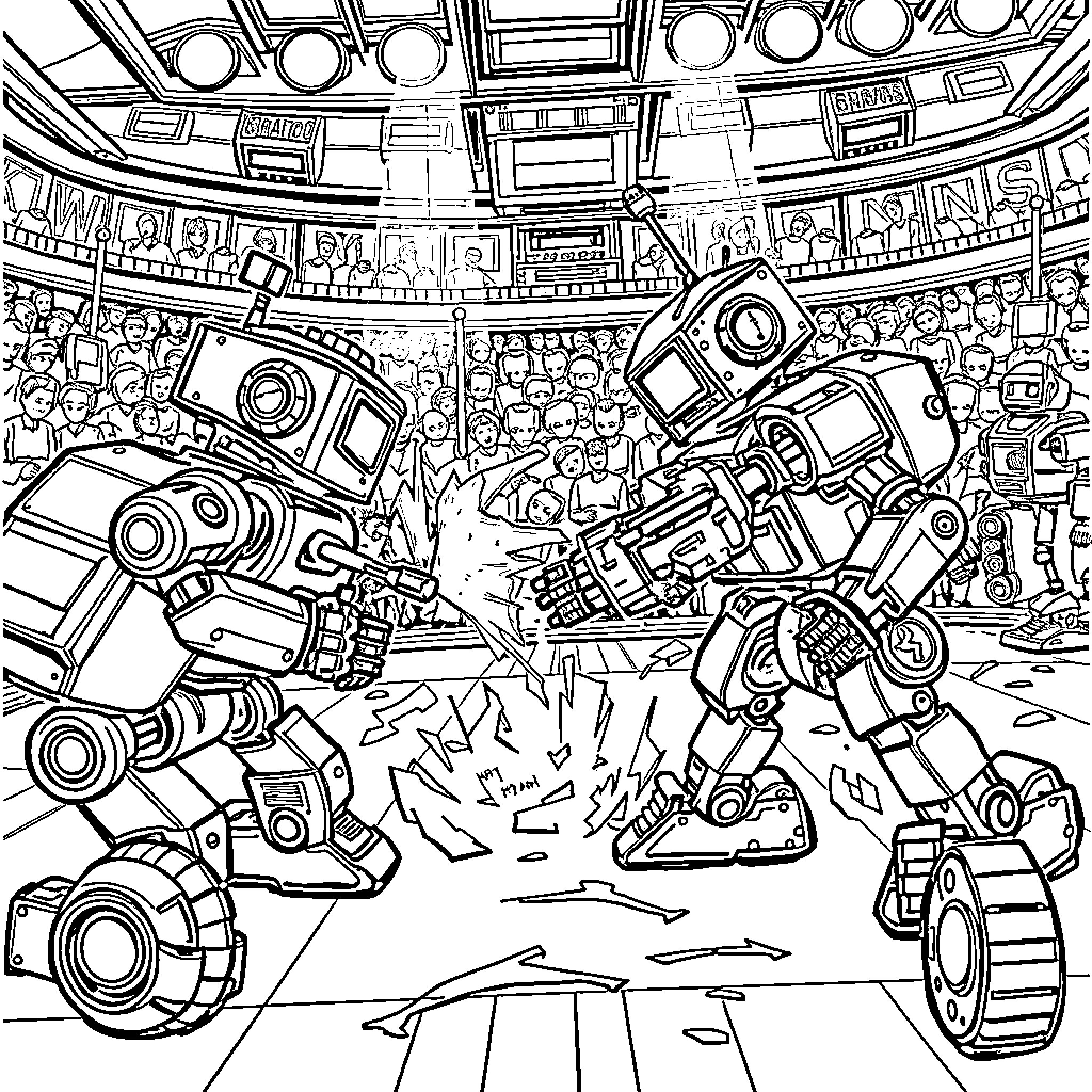 Robot Gladiators in Battle Arena Coloring Page (free black-and-white line drawing printable PDF for all, from beginners to advanced learners, including children, teens, adults, and seniors)