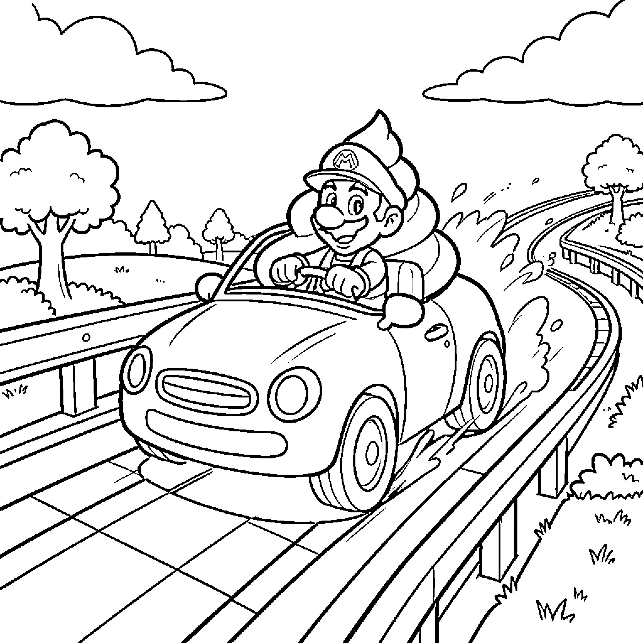 Mario driving joyfully in a car on the road Coloring Page (free black-and-white line drawing printable PDF for all, from beginners to advanced learners, including children, teens, adults, and seniors)