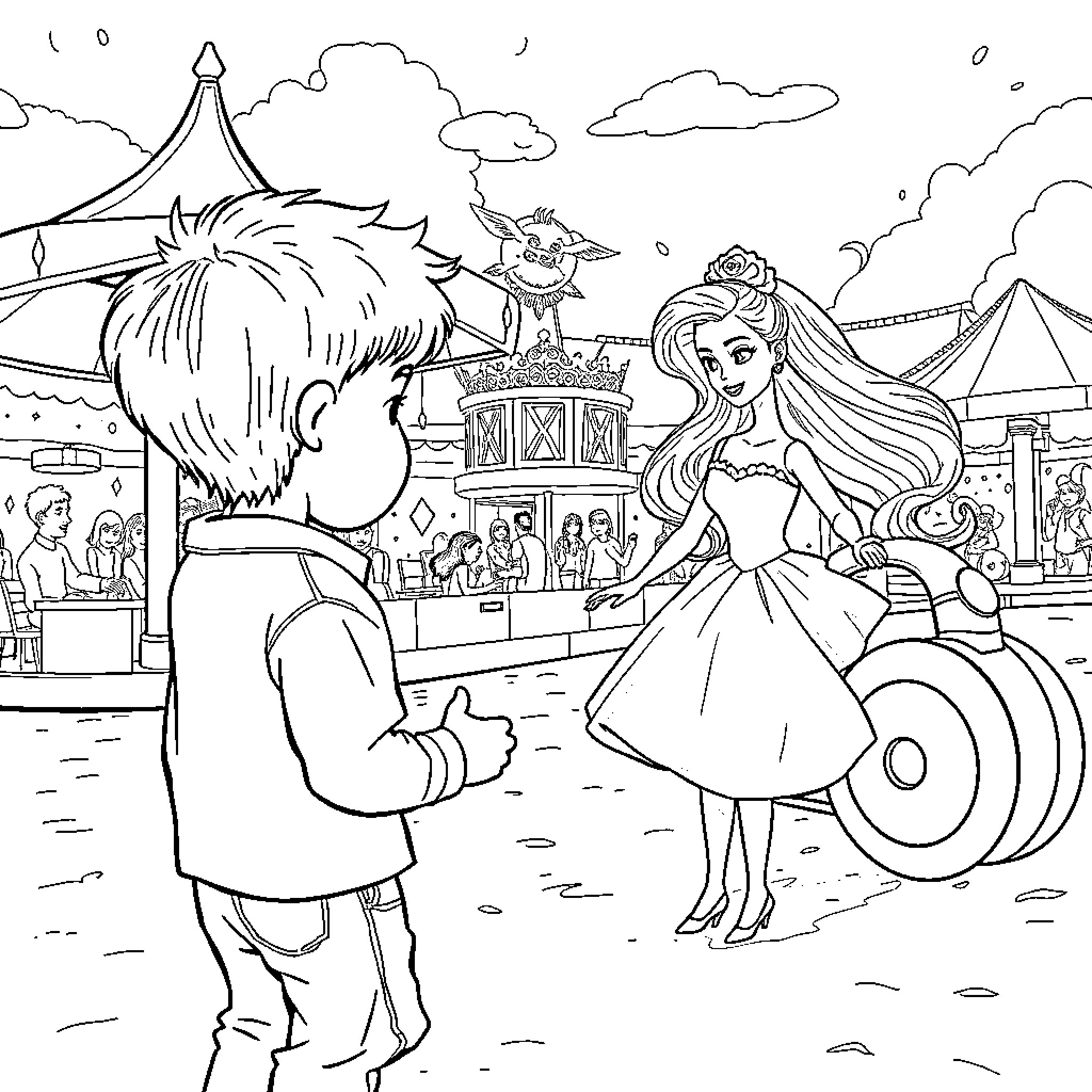 Barbie's Magical Carnival Adventure Coloring Page (free black-and-white line drawing printable PDF for all, from beginners to advanced learners, including children, teens, adults, and seniors)