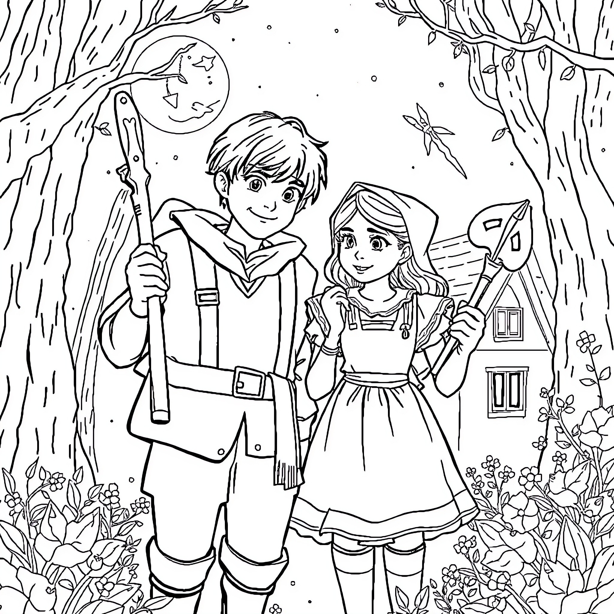 Hansel And Gretel Venture Into The Enchanted Forest Coloring Page (free black-and-white line drawing printable PDF for all, from beginners to advanced learners, including children, teens, adults, and seniors)