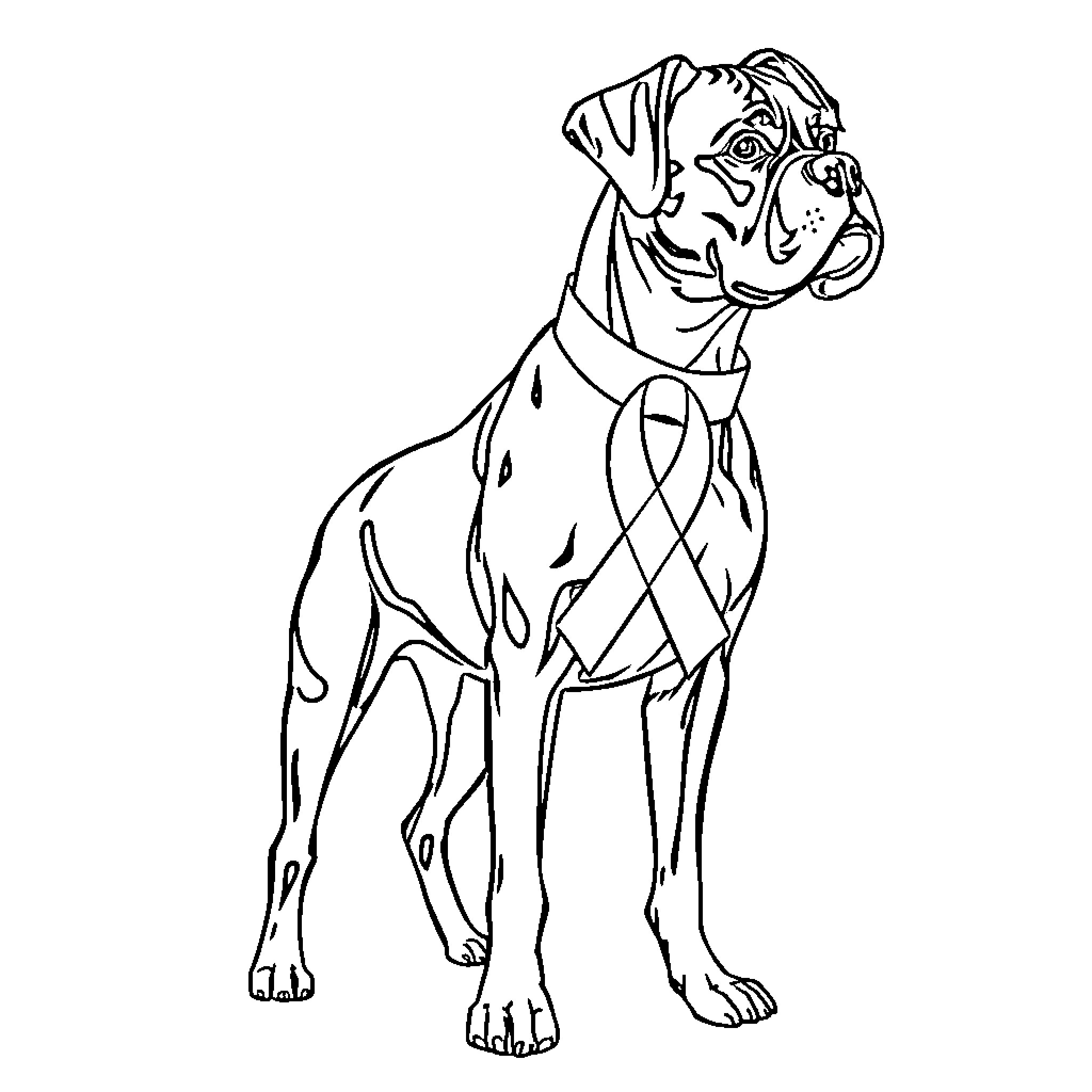 Boxer dog in playful stance Coloring Page (free black-and-white line drawing printable PDF for all, from beginners to advanced learners, including children, teens, adults, and seniors)