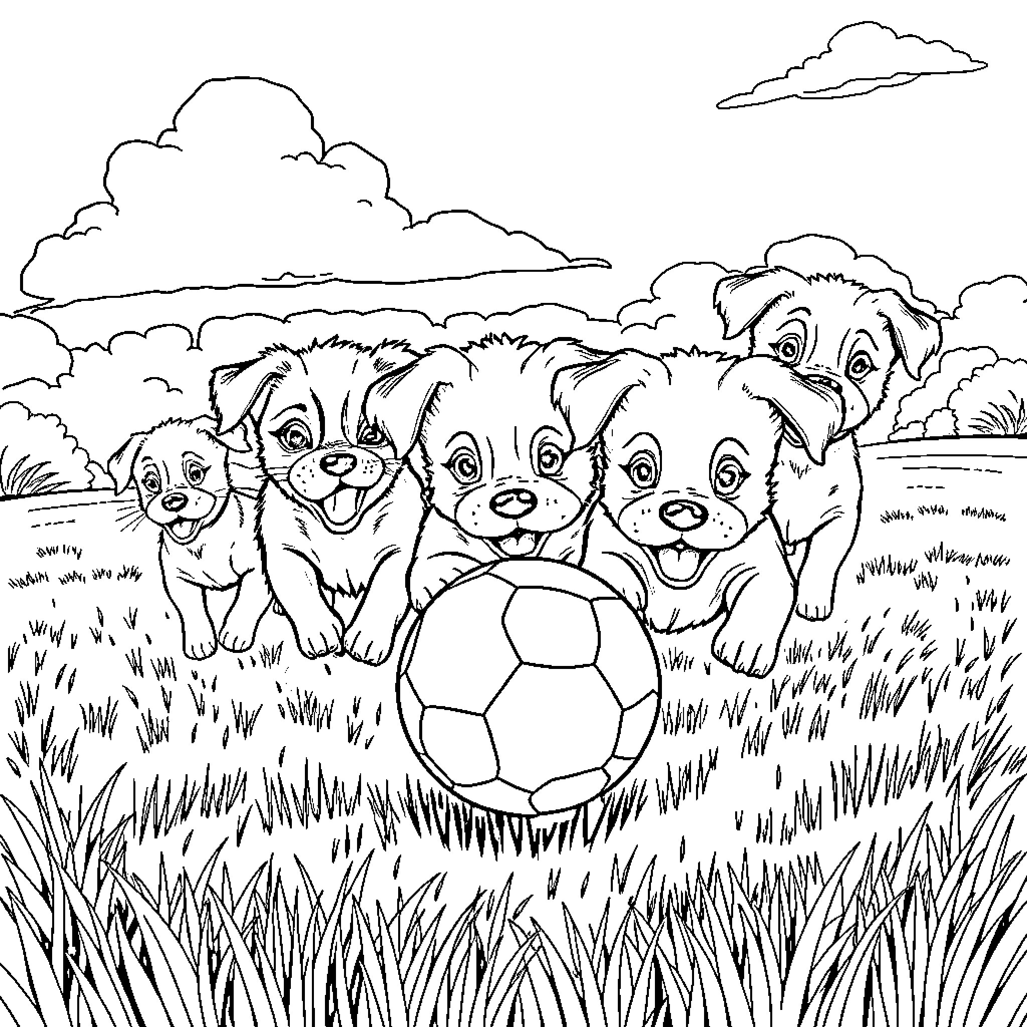Puppies playing with a soccer ball in a field Coloring Page (free black-and-white line drawing printable PDF for all, from beginners to advanced learners, including children, teens, adults, and seniors)