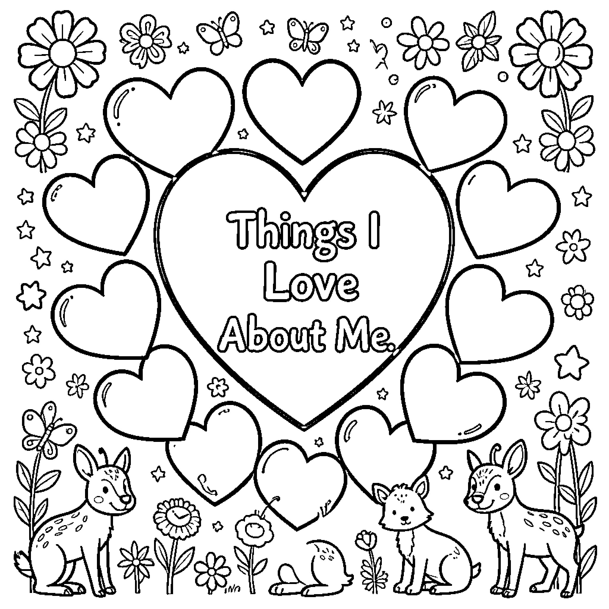 Heart shaped frame surrounded by flowers and animals Coloring Page (free black-and-white line drawing printable PDF for all, from beginners to advanced learners, including children, teens, adults, and seniors)