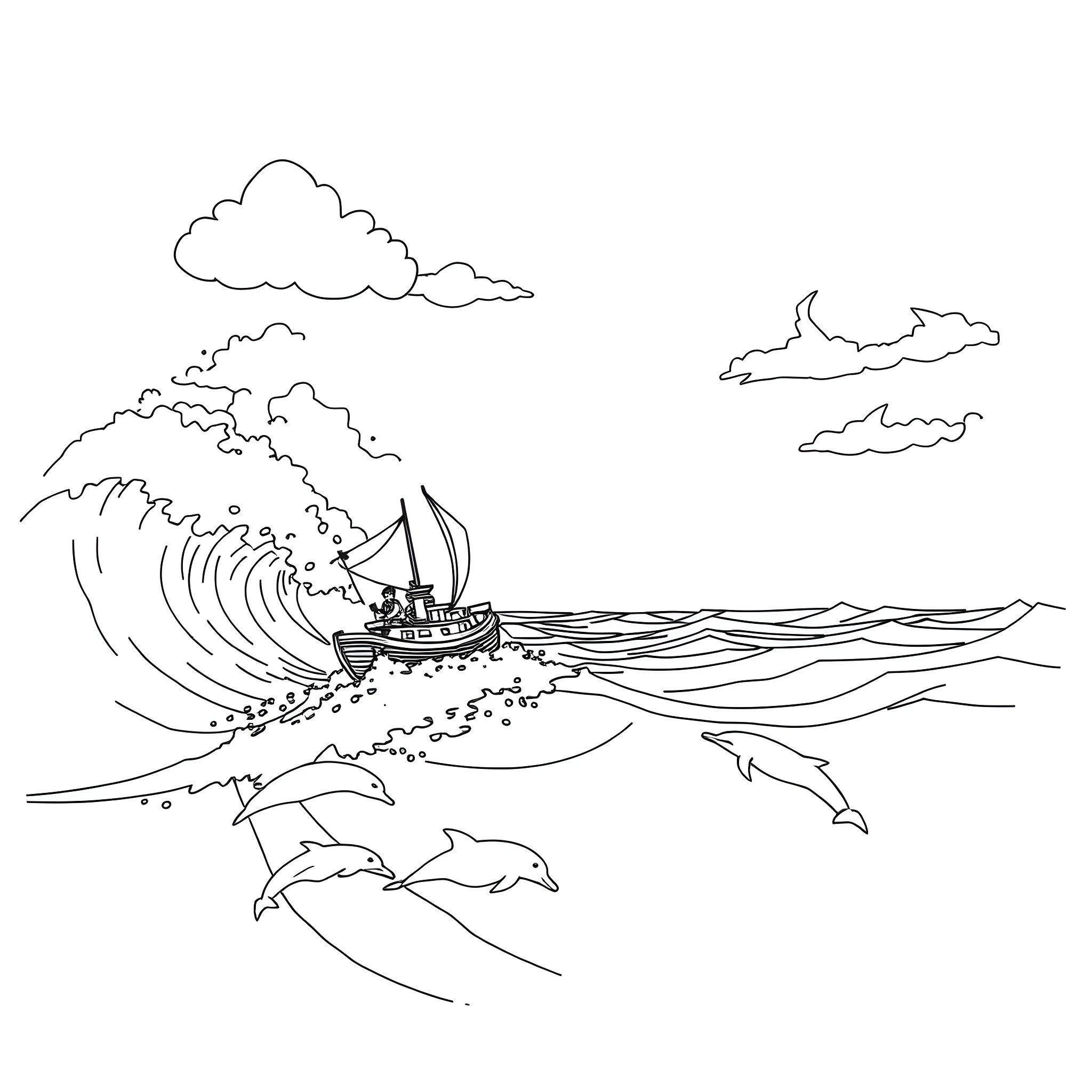 Sea Adventure: Sailing Ship Navigating Rough Waves Coloring Page (free black-and-white line drawing printable PDF for all, from beginners to advanced learners, including children, teens, adults, and seniors)