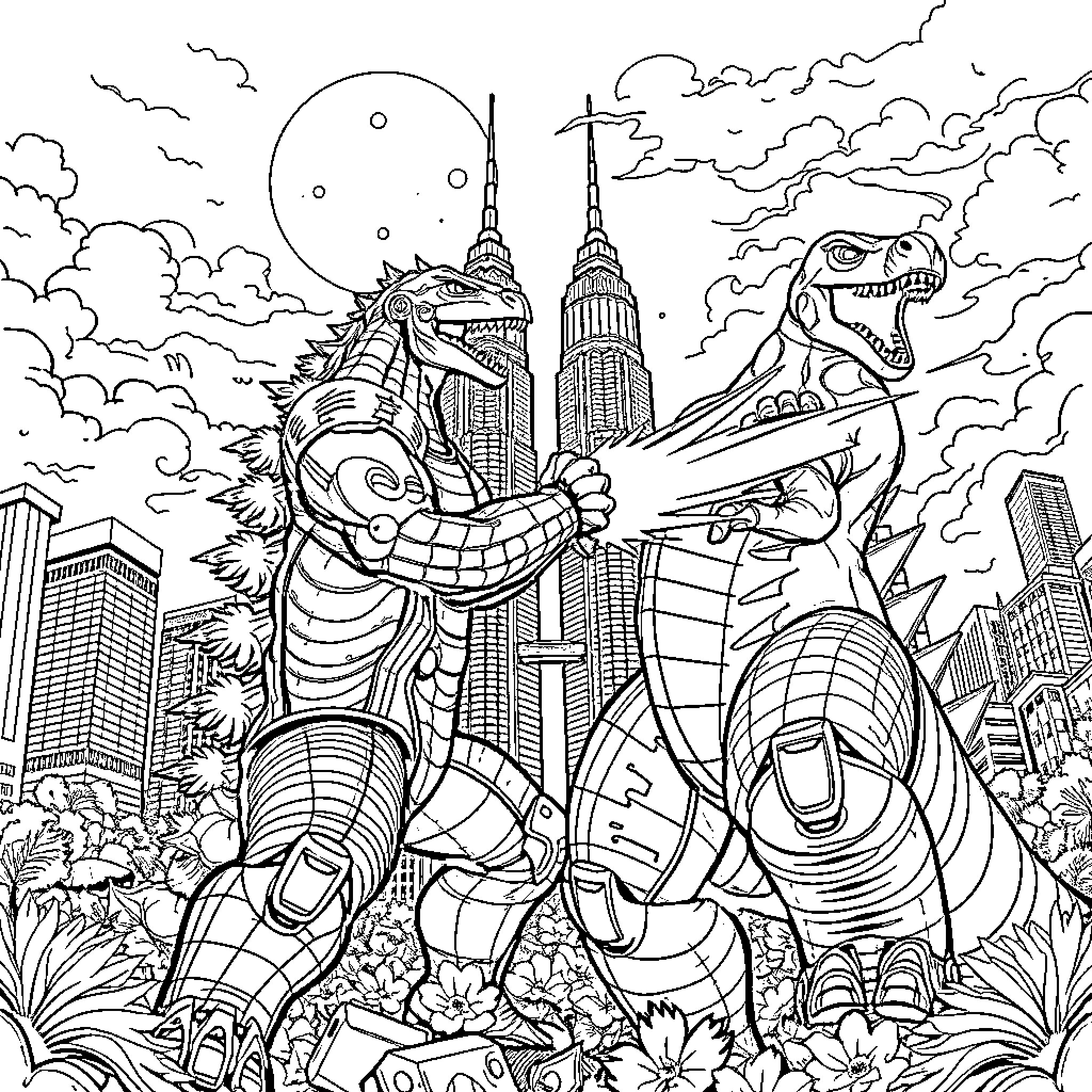 Tobot Titans Clash in Futuristic City Coloring Page (free black-and-white line drawing printable PDF for all, from beginners to advanced learners, including children, teens, adults, and seniors)