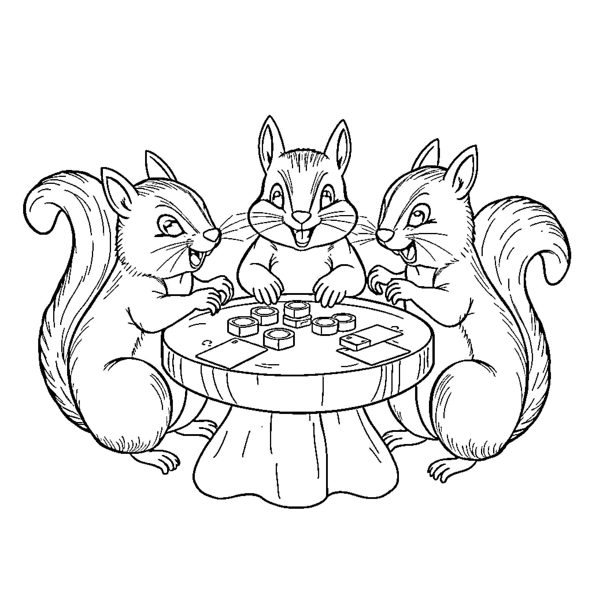 Squirrels playing a board game together Coloring Page (free black-and-white line drawing printable PDF for all, from beginners to advanced learners, including children, teens, adults, and seniors)