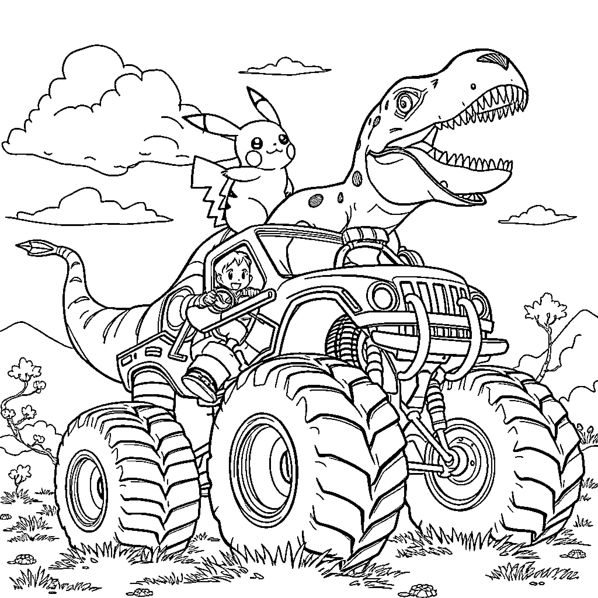 Pikachu riding a monster truck with a dinosaur Coloring Page (free black-and-white line drawing printable PDF for all, from beginners to advanced learners, including children, teens, adults, and seniors)