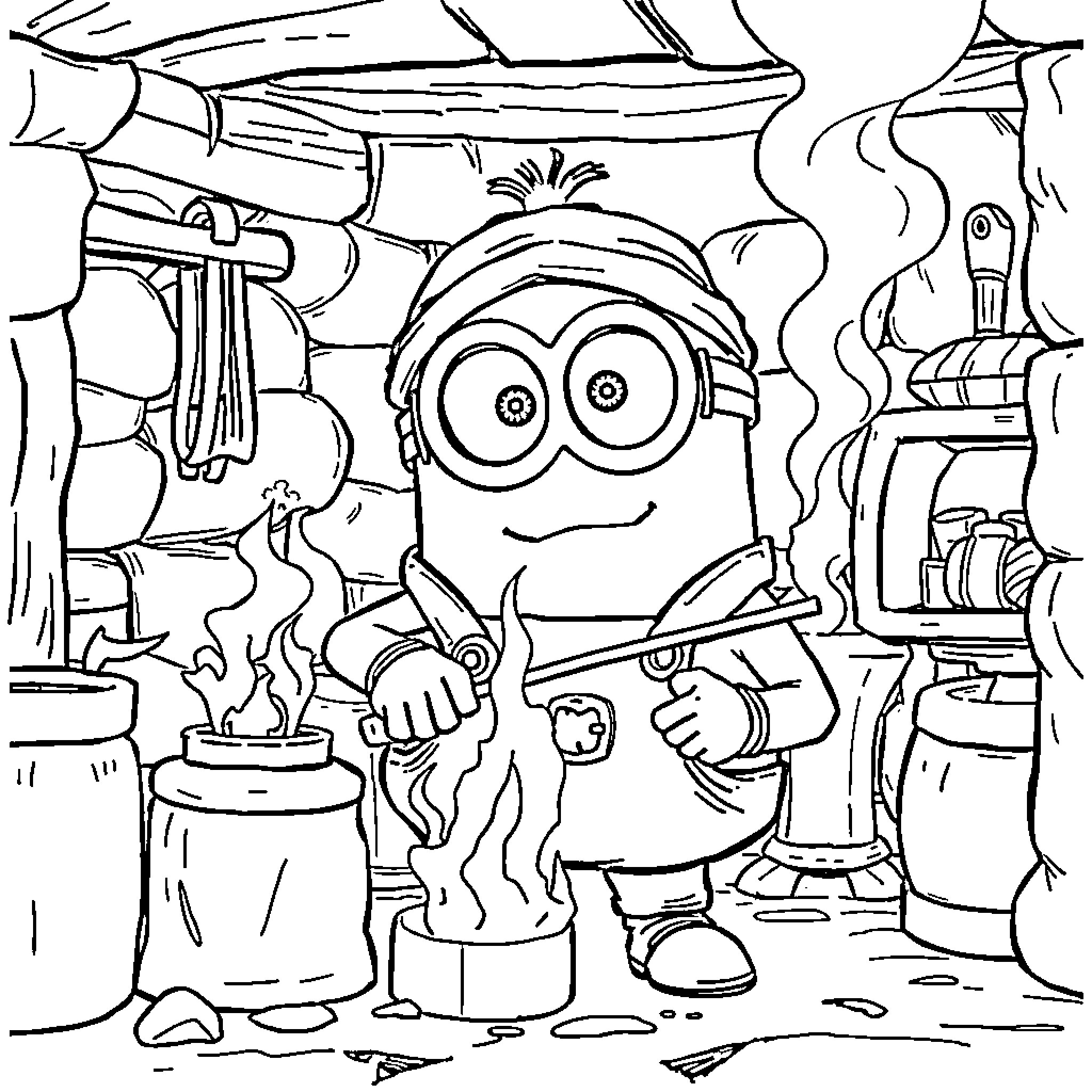 Minion cooking up a storm in the workshop Coloring Page (free black-and-white line drawing printable PDF for all, from beginners to advanced learners, including children, teens, adults, and seniors)