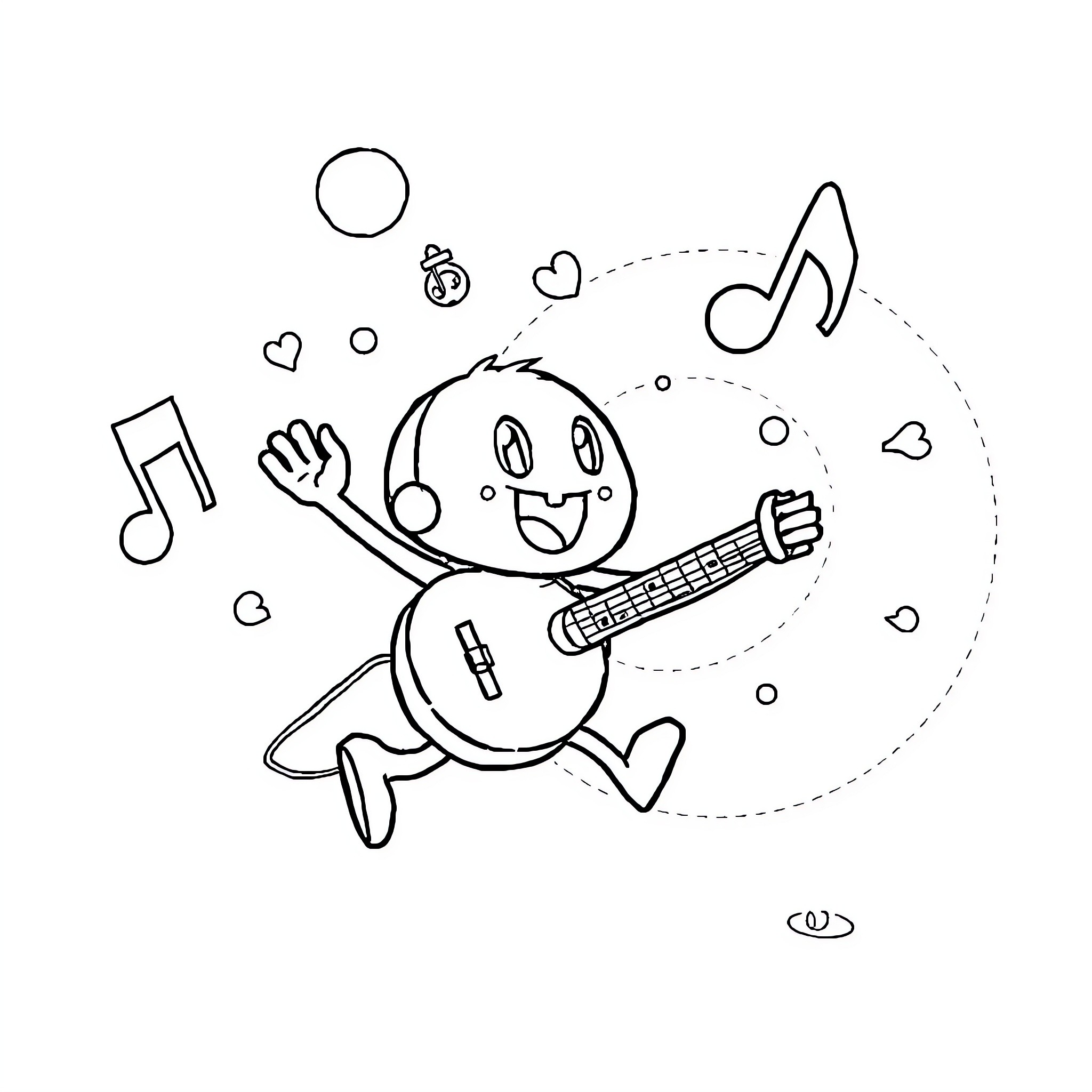 Minibeat joyful musical figure with guitar Coloring Page (free black-and-white line drawing printable PDF for all, from beginners to advanced learners, including children, teens, adults, and seniors)