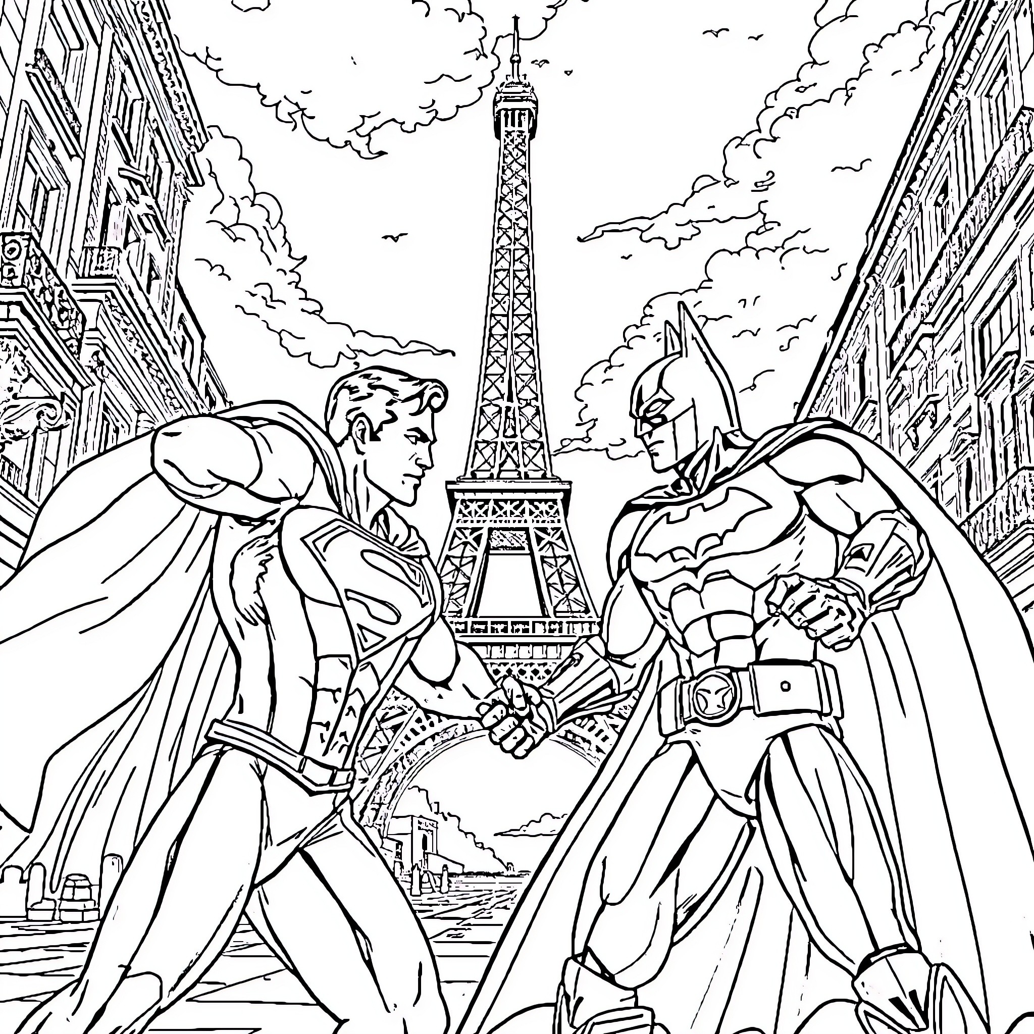 Superman and Batman confront each other in Paris Coloring Page (free black-and-white line drawing printable PDF for all, from beginners to advanced learners, including children, teens, adults, and seniors)