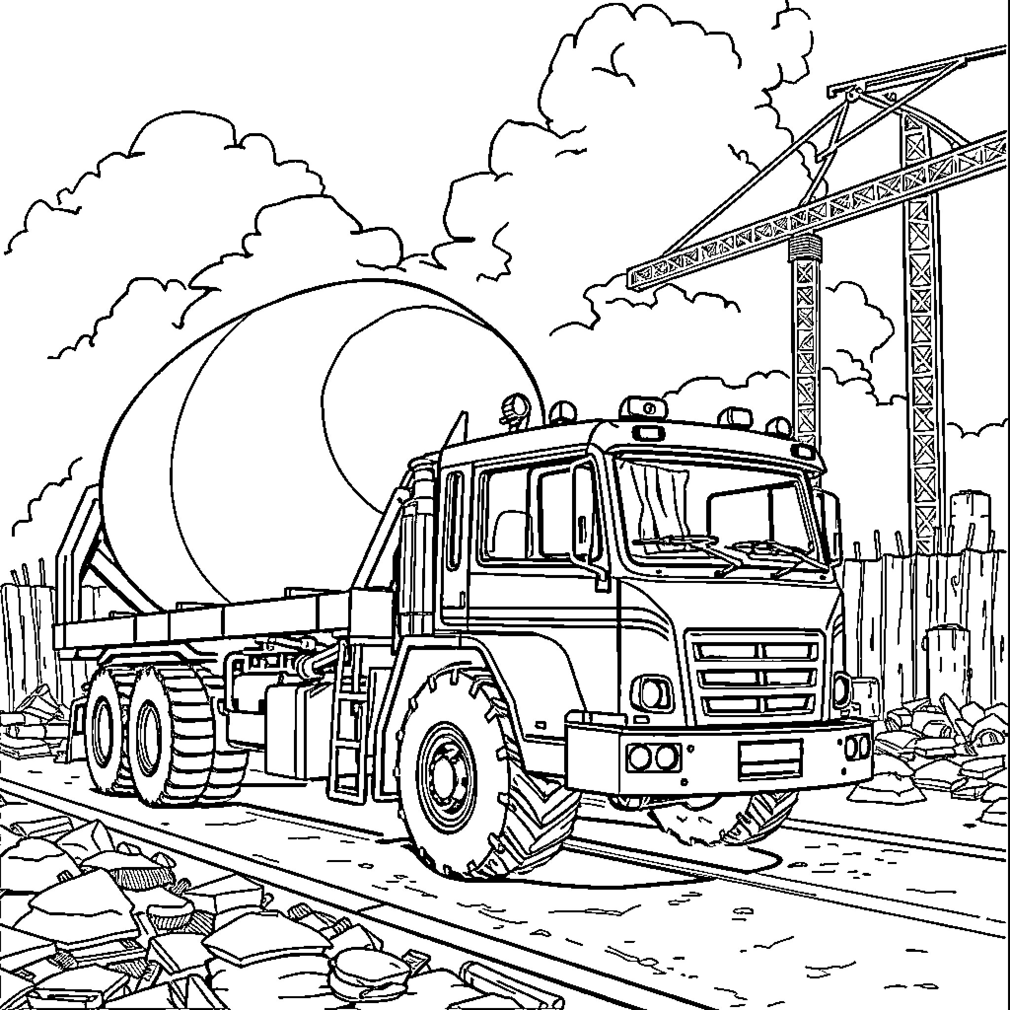 Construction Vehicle Transporting Concrete Mixer on Construction Site Coloring Page (free black-and-white line drawing printable PDF for all, from beginners to advanced learners, including children, teens, adults, and seniors)