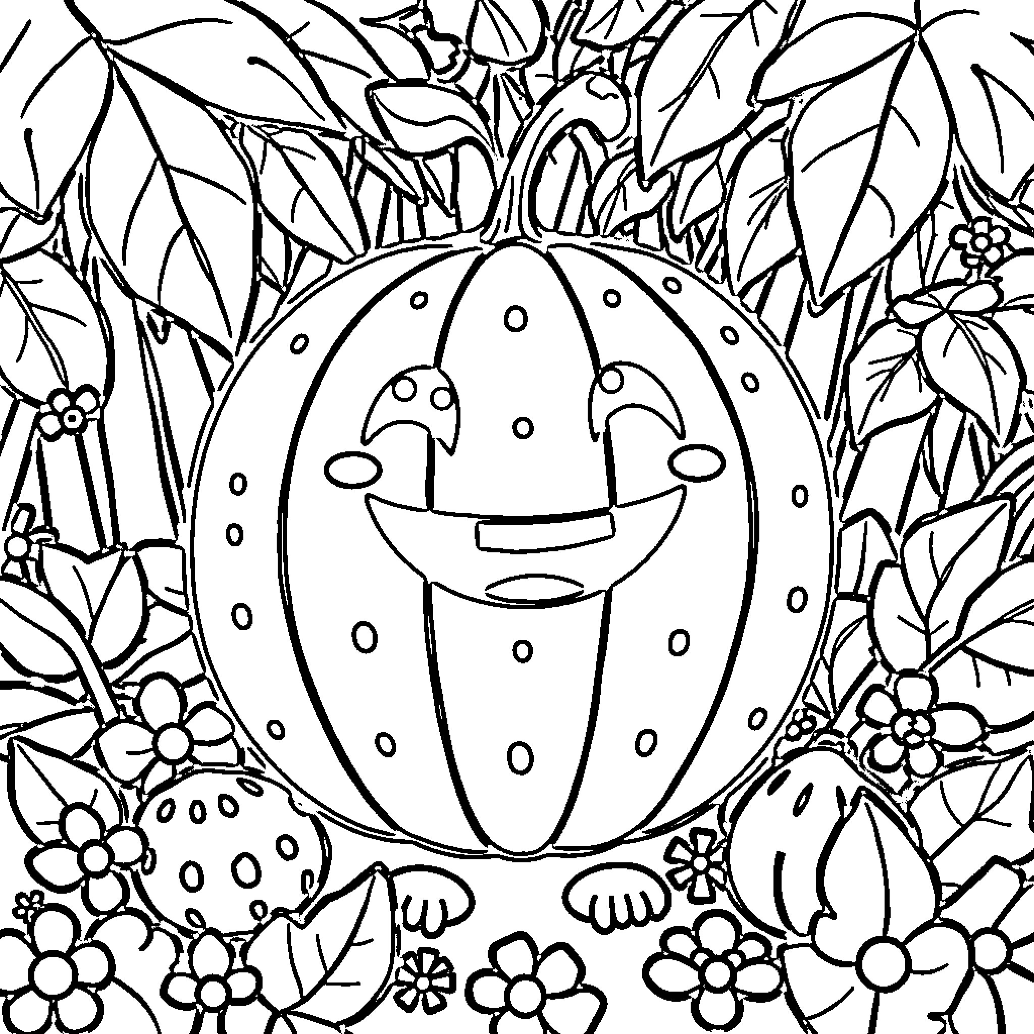 Cocomelon Pumpkin with Floral Pattern Coloring Page (free black-and-white line drawing printable PDF for all, from beginners to advanced learners, including children, teens, adults, and seniors)