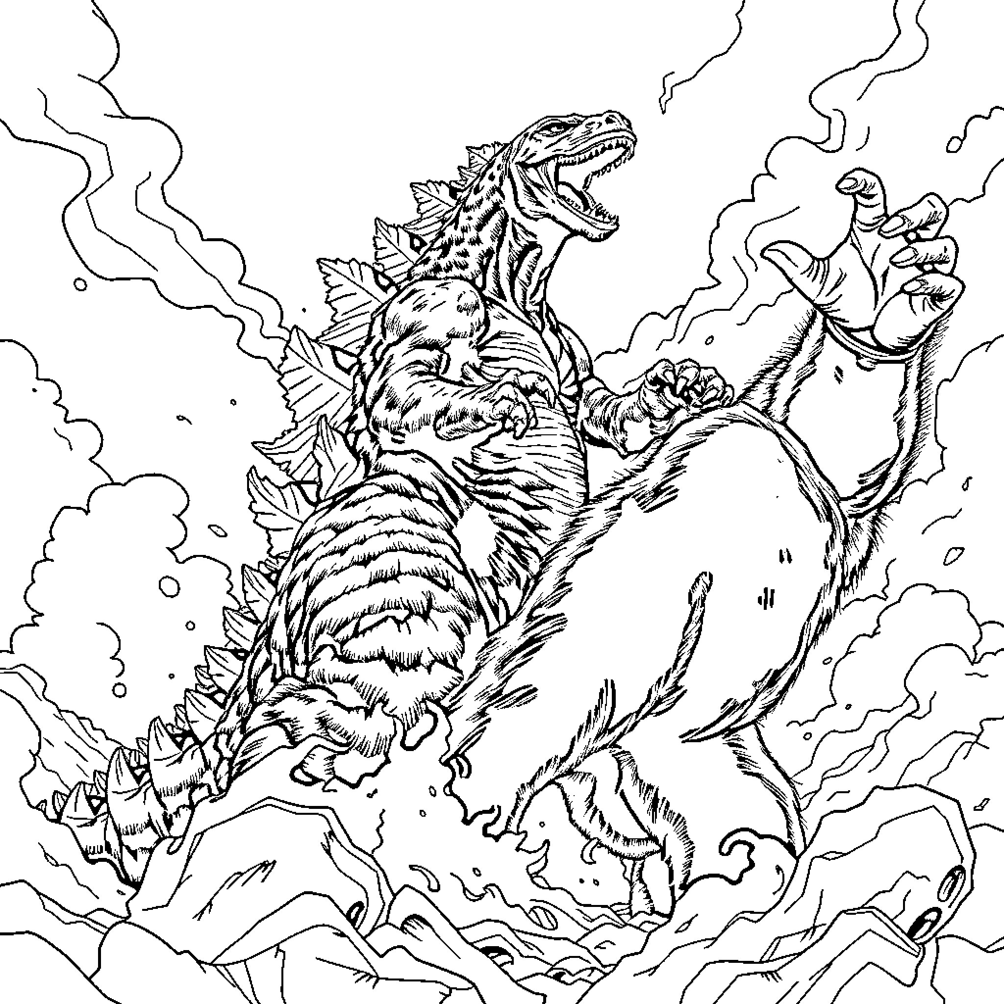 Godzilla's Destructive Rampage Through the City Coloring Page (free black-and-white line drawing printable PDF for all, from beginners to advanced learners, including children, teens, adults, and seniors)