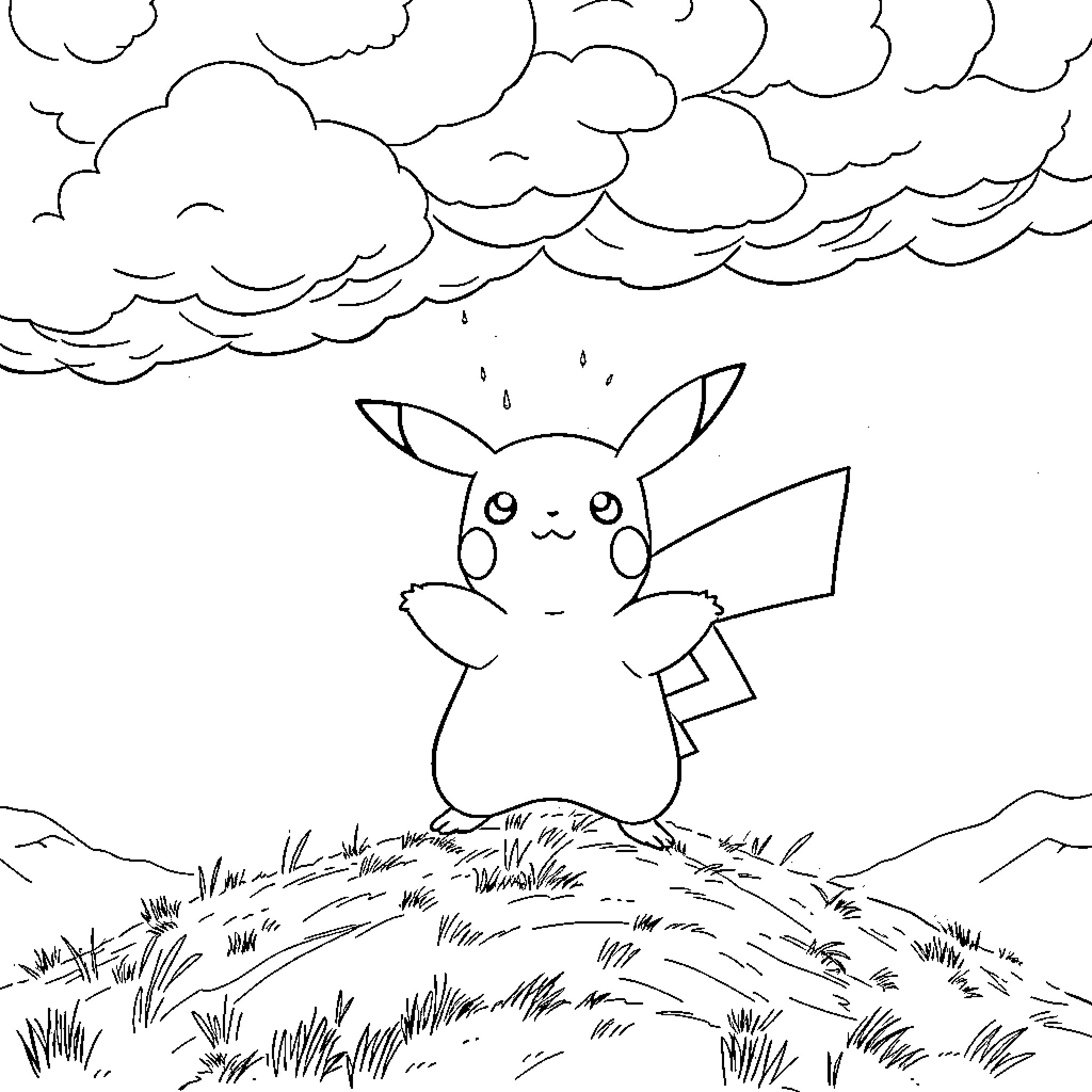 Pikachu sitting in the rain Coloring Page (free black-and-white line drawing printable PDF for all, from beginners to advanced learners, including children, teens, adults, and seniors)