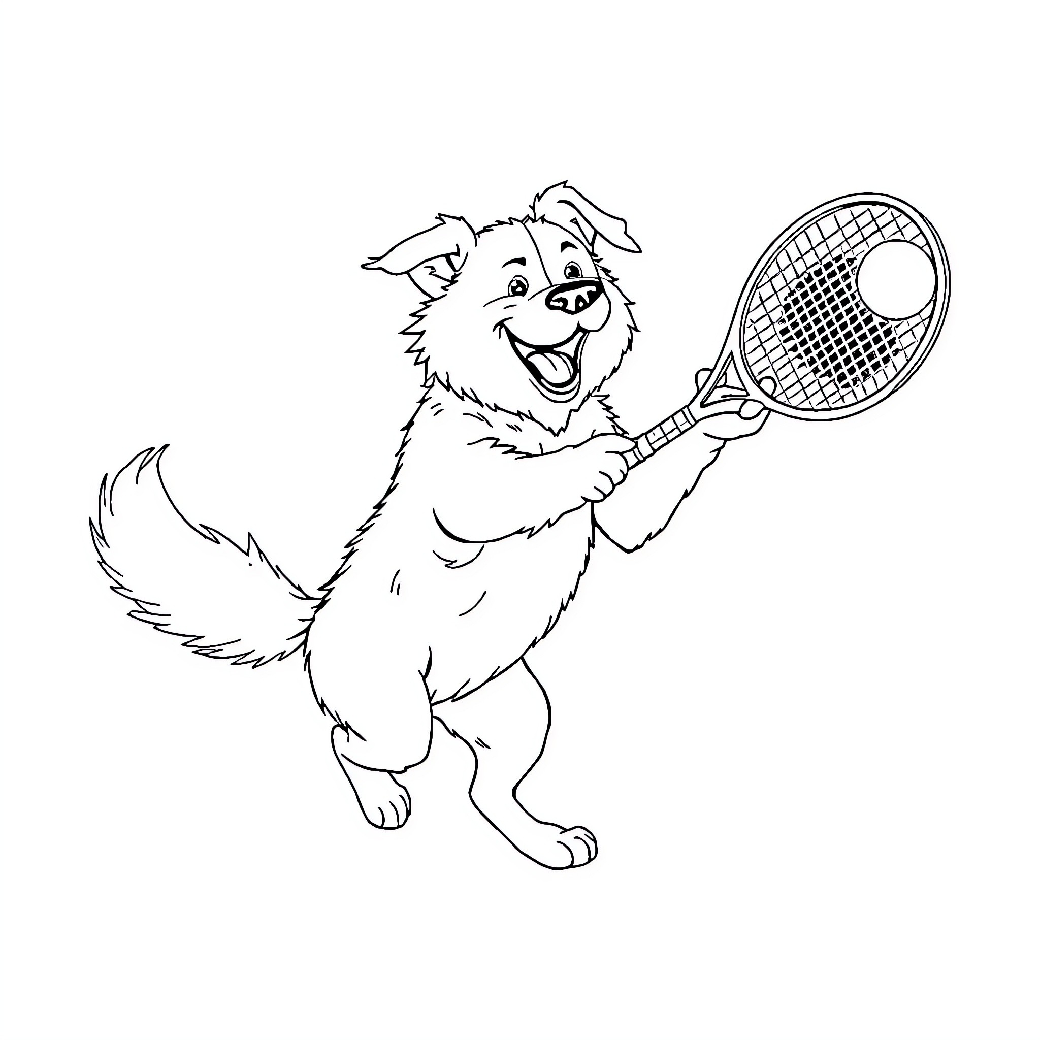 Dog playing with tennis racket Coloring Page (free black-and-white line drawing printable PDF for all, from beginners to advanced learners, including children, teens, adults, and seniors)