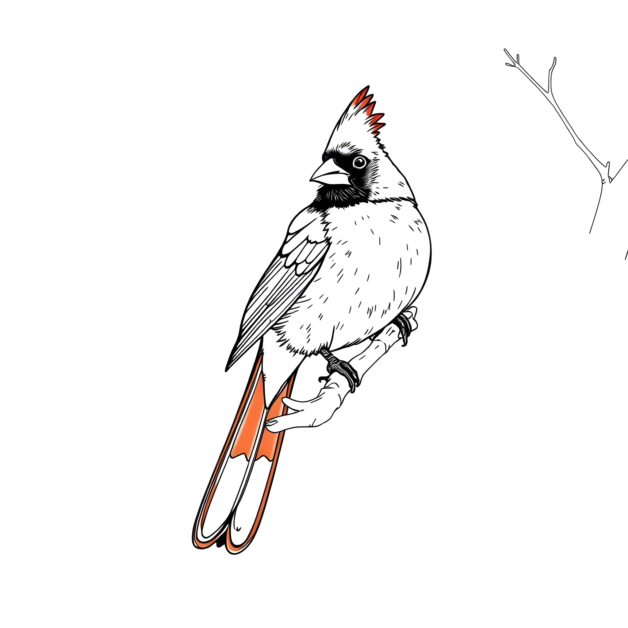 Cardinal bird perched on a branch Coloring Page (free black-and-white line drawing printable PDF for all, from beginners to advanced learners, including children, teens, adults, and seniors)