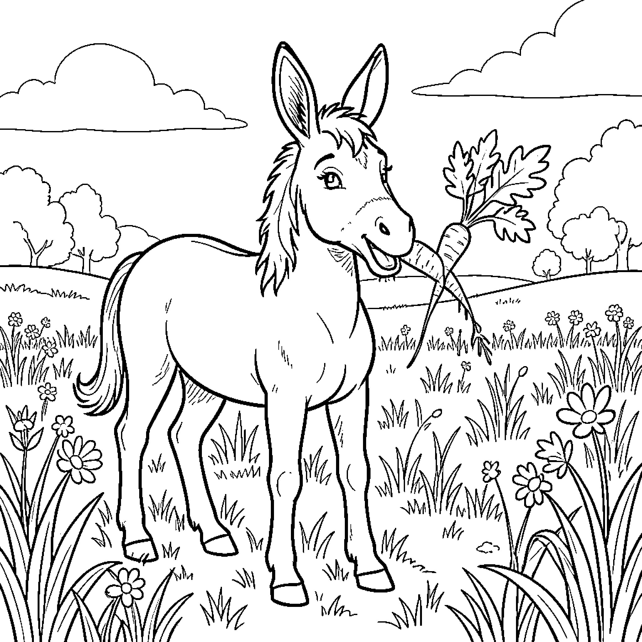 Donkey eating a carrot in a flower field Coloring Page (free black-and-white line drawing printable PDF for all, from beginners to advanced learners, including children, teens, adults, and seniors)