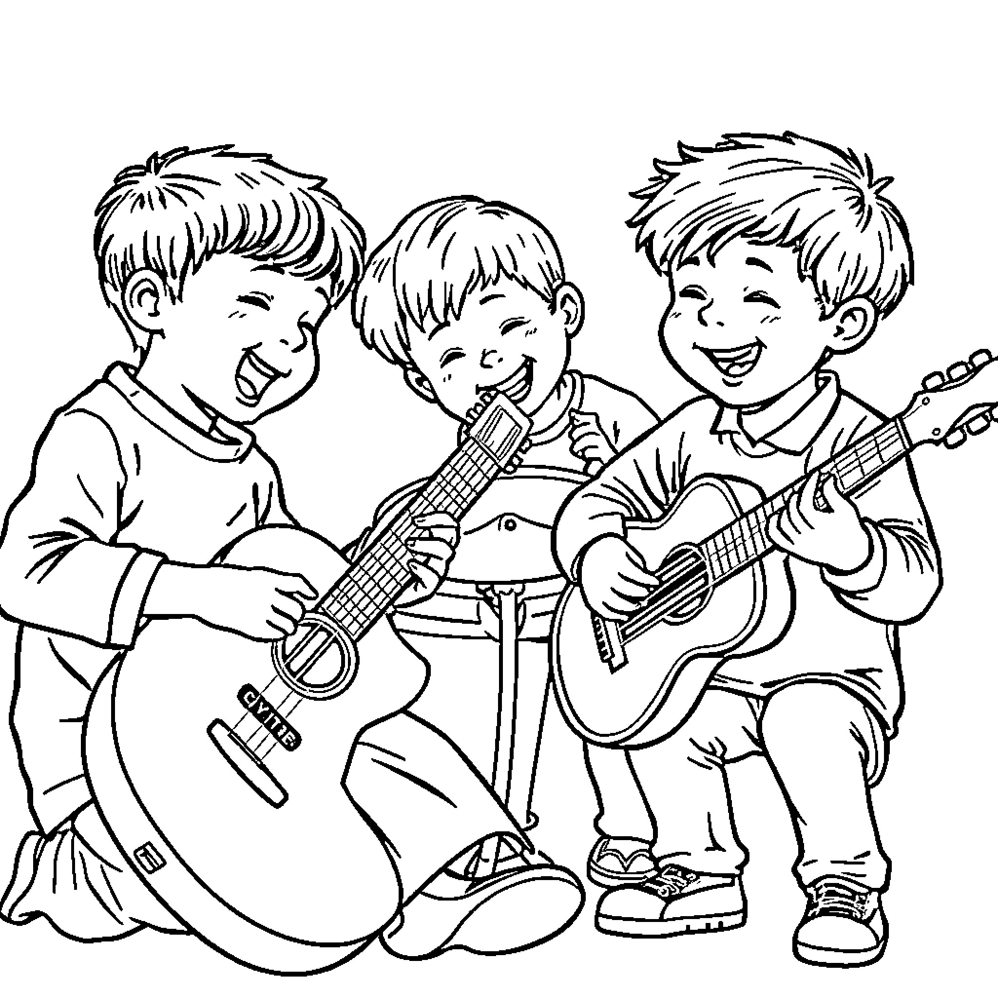 Children playing musical instruments happily together Coloring Page (free black-and-white line drawing printable PDF for all, from beginners to advanced learners, including children, teens, adults, and seniors)
