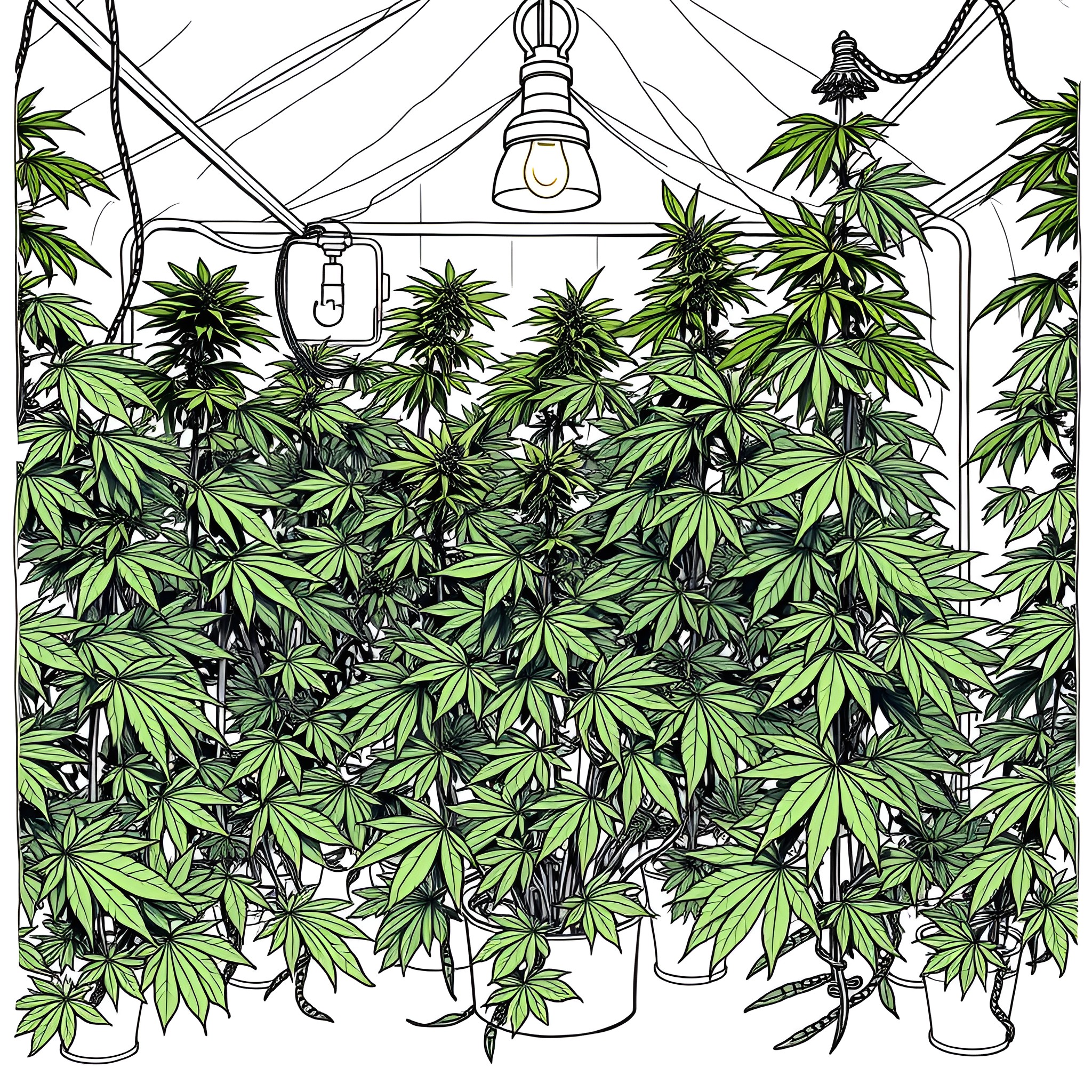 Cannabis plants in an indoor grow setup Coloring Page (free black-and-white line drawing printable PDF for all, from beginners to advanced learners, including children, teens, adults, and seniors)