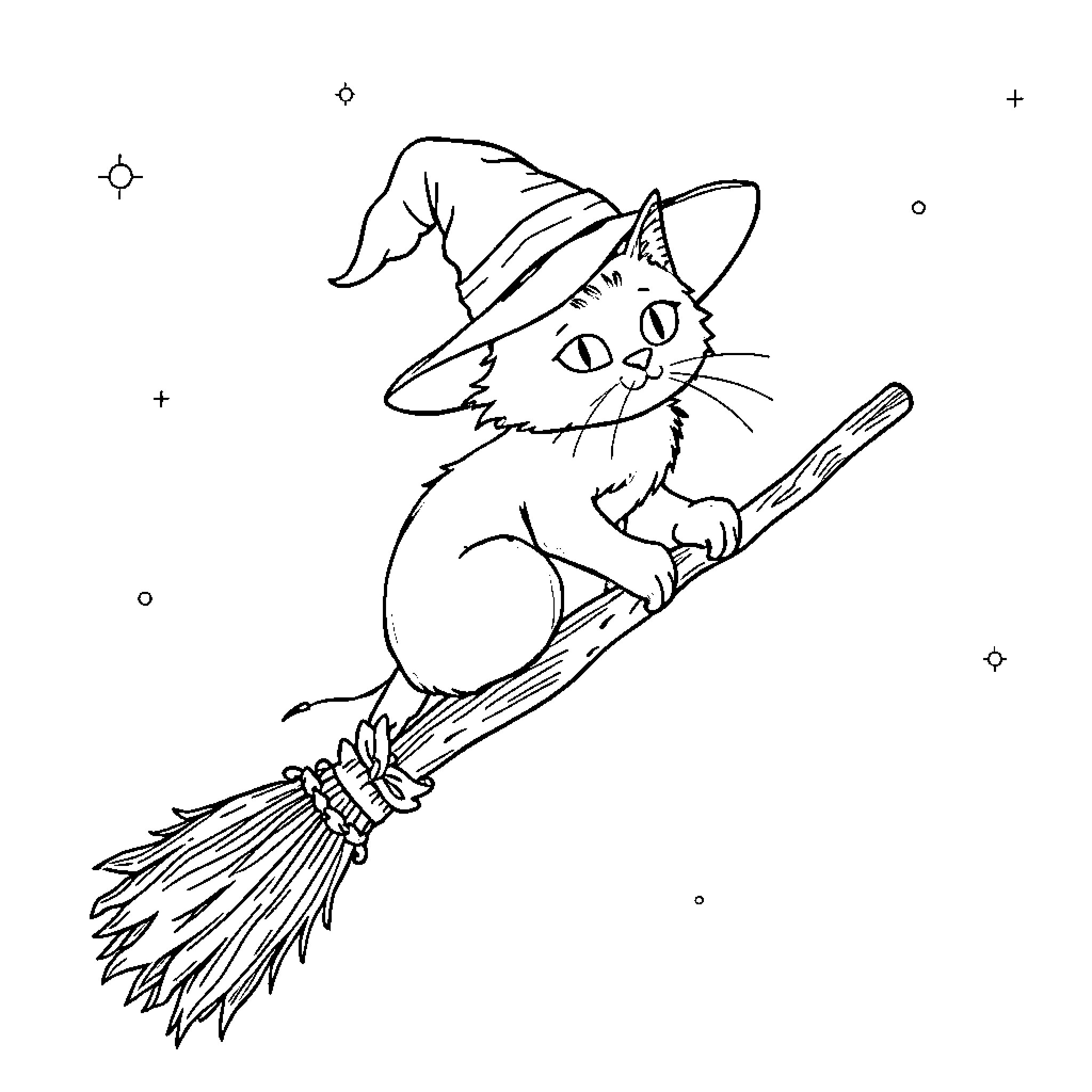 Witch Cat Riding a Broomstick Coloring Page (free black-and-white line drawing printable PDF for all, from beginners to advanced learners, including children, teens, adults, and seniors)