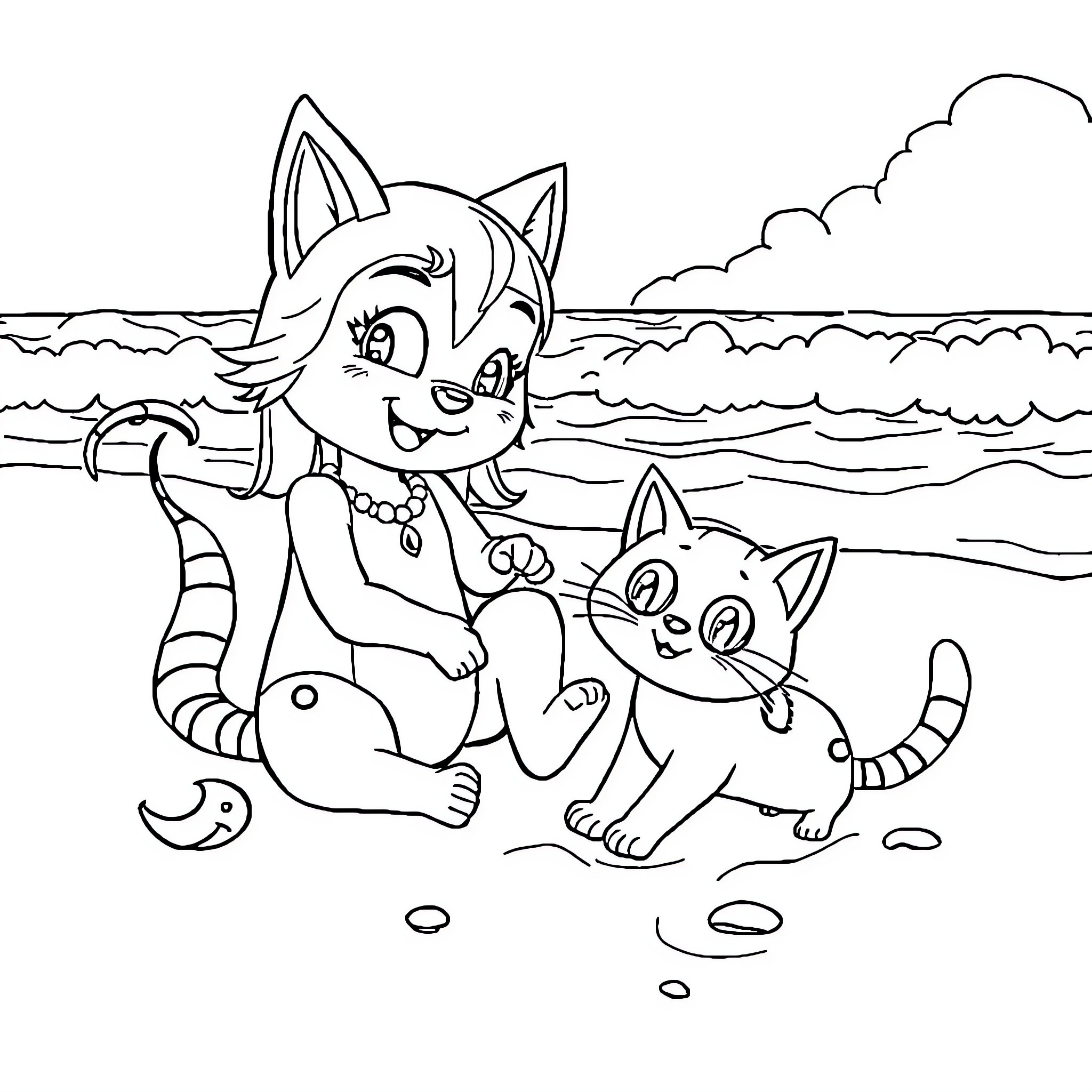 Loona and Kitten Playing at the Beach Coloring Page (free black-and-white line drawing printable PDF for all, from beginners to advanced learners, including children, teens, adults, and seniors)