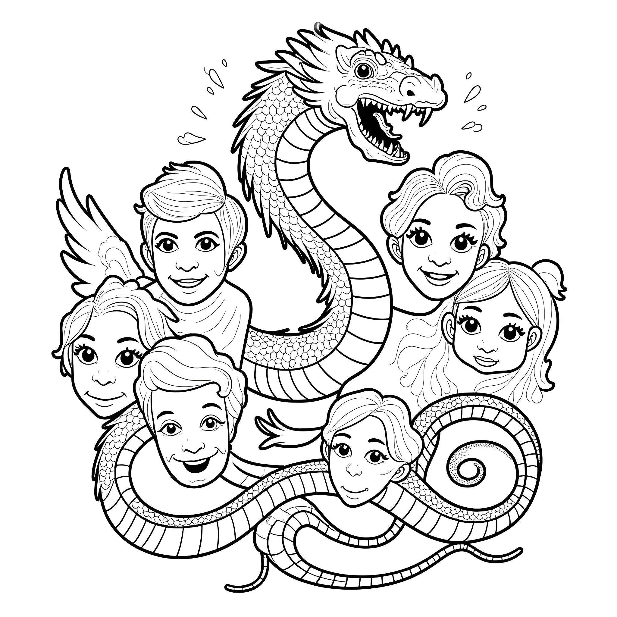 Hydra Surrounded by Smiling Children Coloring Page (free black-and-white line drawing printable PDF for all, from beginners to advanced learners, including children, teens, adults, and seniors)