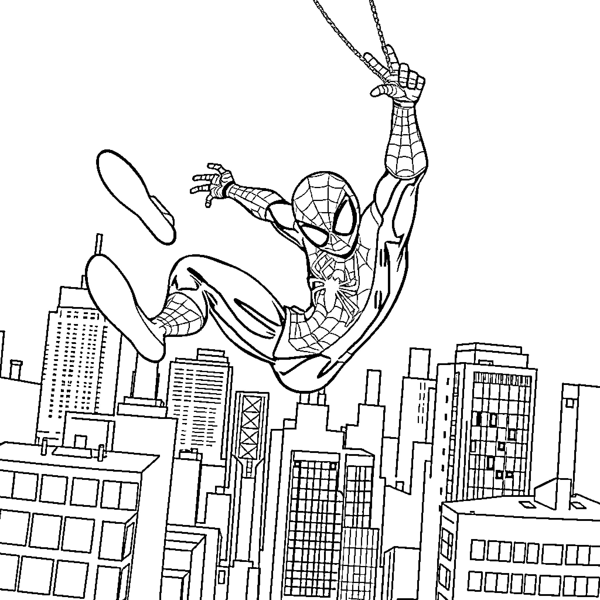 Miles Morales swinging through the city skyline Coloring Page (free black-and-white line drawing printable PDF for all, from beginners to advanced learners, including children, teens, adults, and seniors)