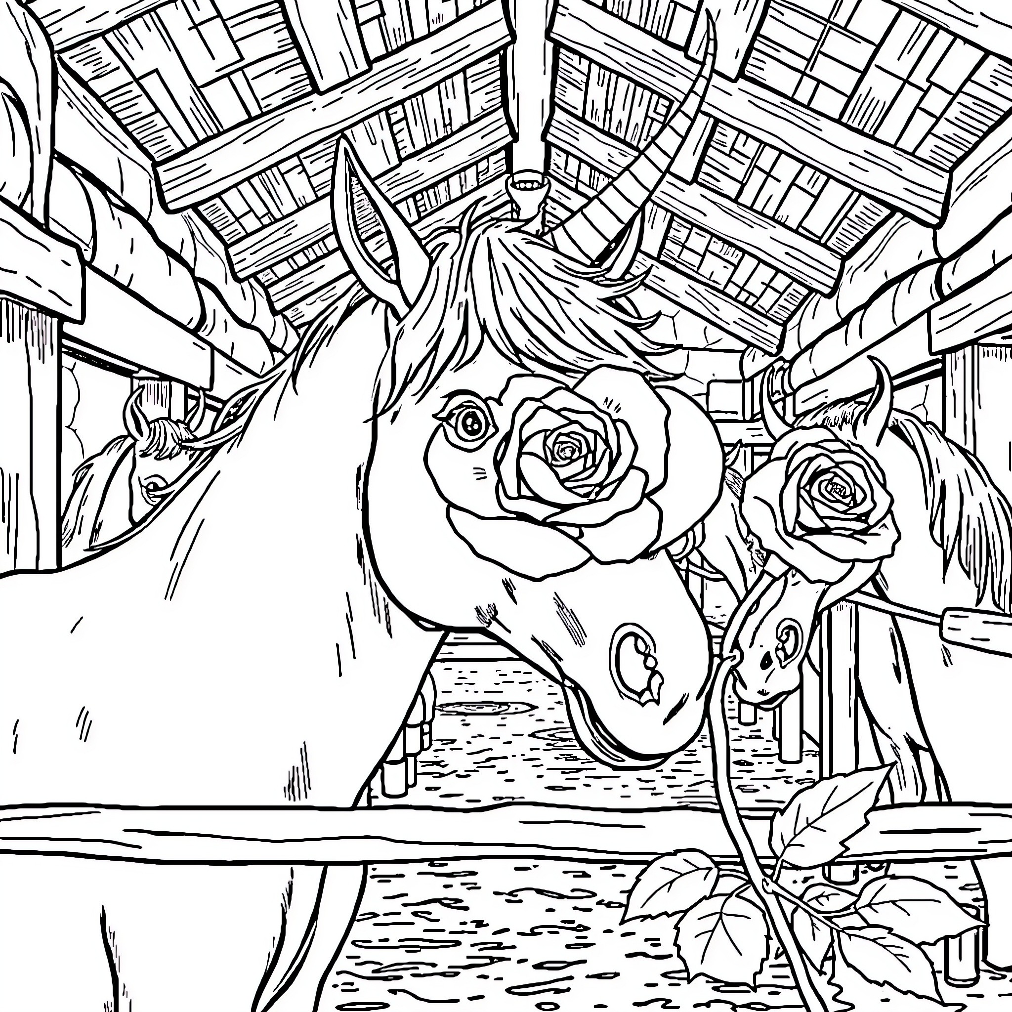 Einhorn exploring magical library scene Coloring Page (free black-and-white line drawing printable PDF for all, from beginners to advanced learners, including children, teens, adults, and seniors)