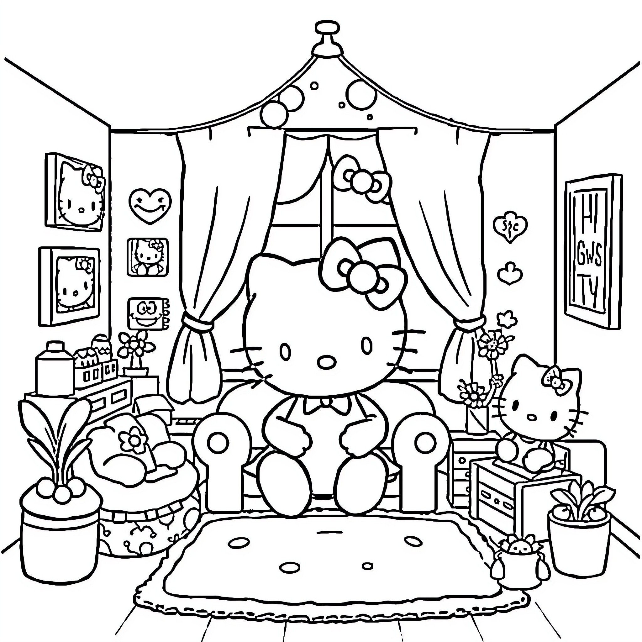 Hello Kitty's Bedroom Adventure Coloring Page (free black-and-white line drawing printable PDF for all, from beginners to advanced learners, including children, teens, adults, and seniors)