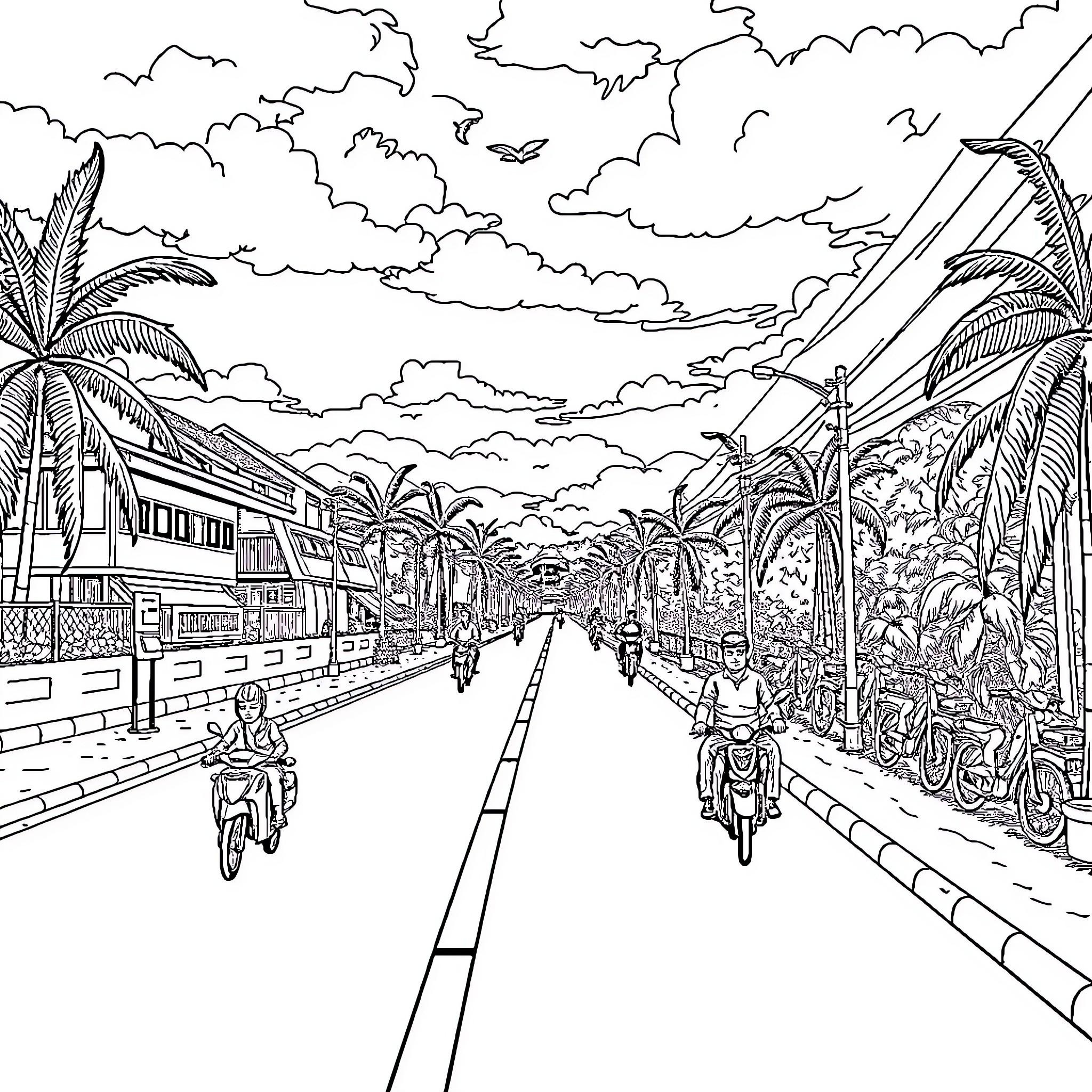 Oranged Street Scene with Bustling Activity Coloring Page (free black-and-white line drawing printable PDF for all, from beginners to advanced learners, including children, teens, adults, and seniors)
