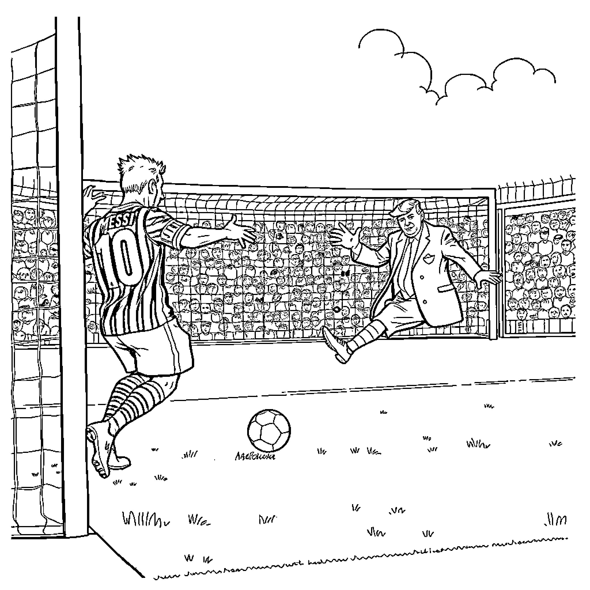 Lionel Messi playing soccer in a stadium Coloring Page (free black-and-white line drawing printable PDF for all, from beginners to advanced learners, including children, teens, adults, and seniors)