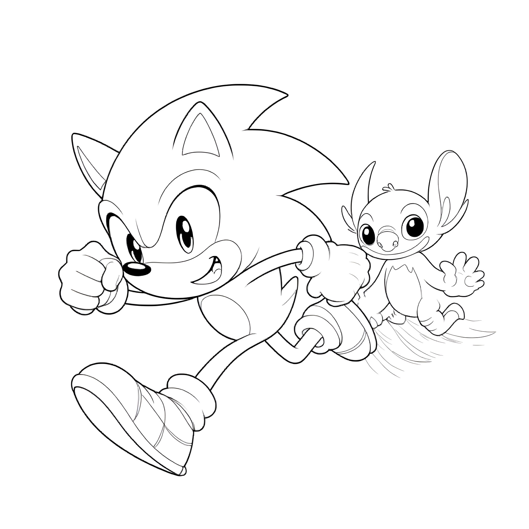 Sonic and Friend Running Happily Coloring Page (free black-and-white line drawing printable PDF for all, from beginners to advanced learners, including children, teens, adults, and seniors)