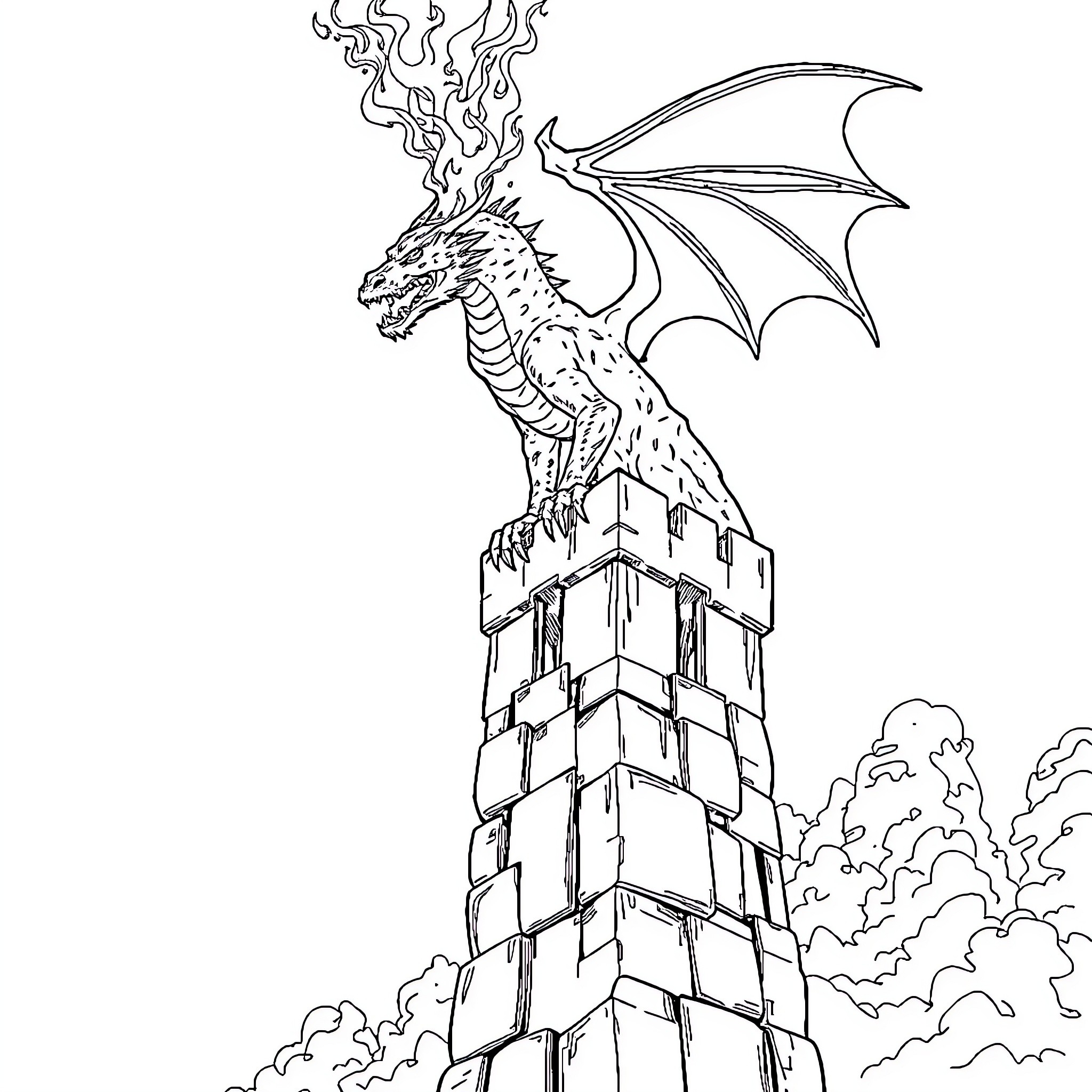 Dragon guarding a medieval castle tower Coloring Page (free black-and-white line drawing printable PDF for all, from beginners to advanced learners, including children, teens, adults, and seniors)