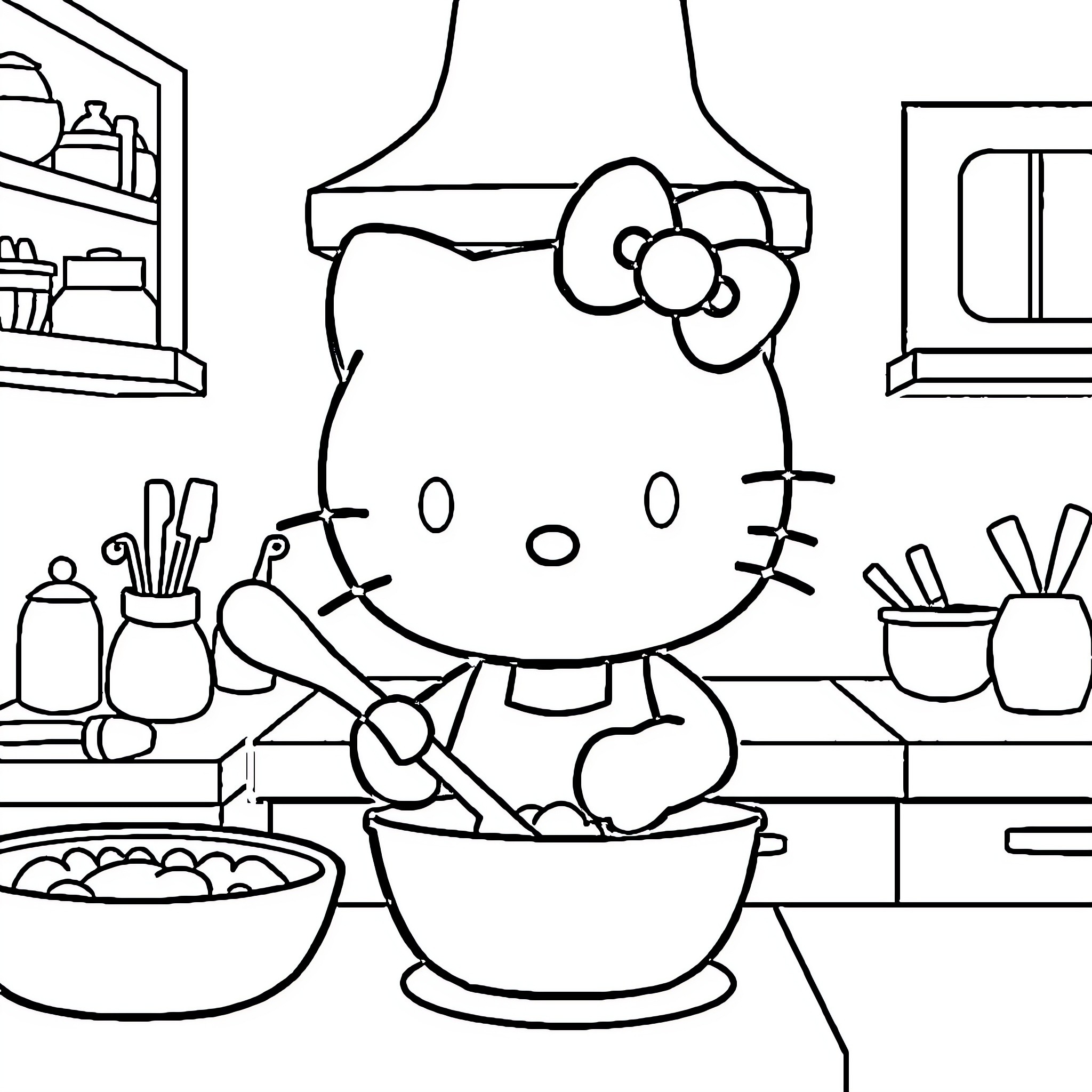 Hello Kitty baking in the kitchen Coloring Page (free black-and-white line drawing printable PDF for all, from beginners to advanced learners, including children, teens, adults, and seniors)