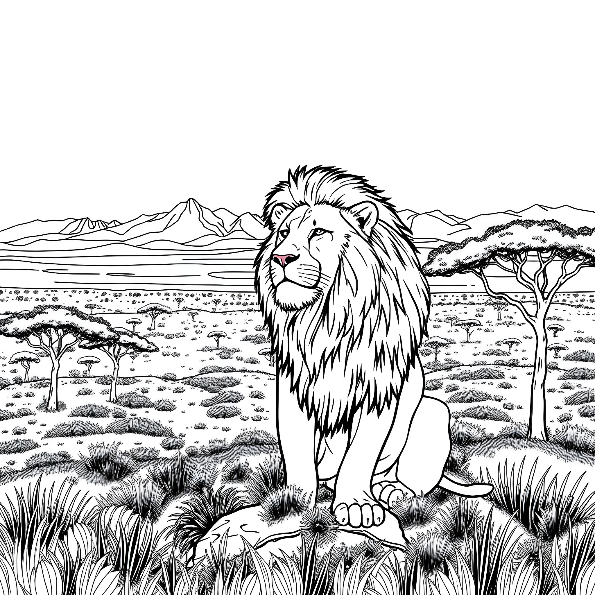 Lion standing proudly in the African savanna Coloring Page (free black-and-white line drawing printable PDF for all, from beginners to advanced learners, including children, teens, adults, and seniors)