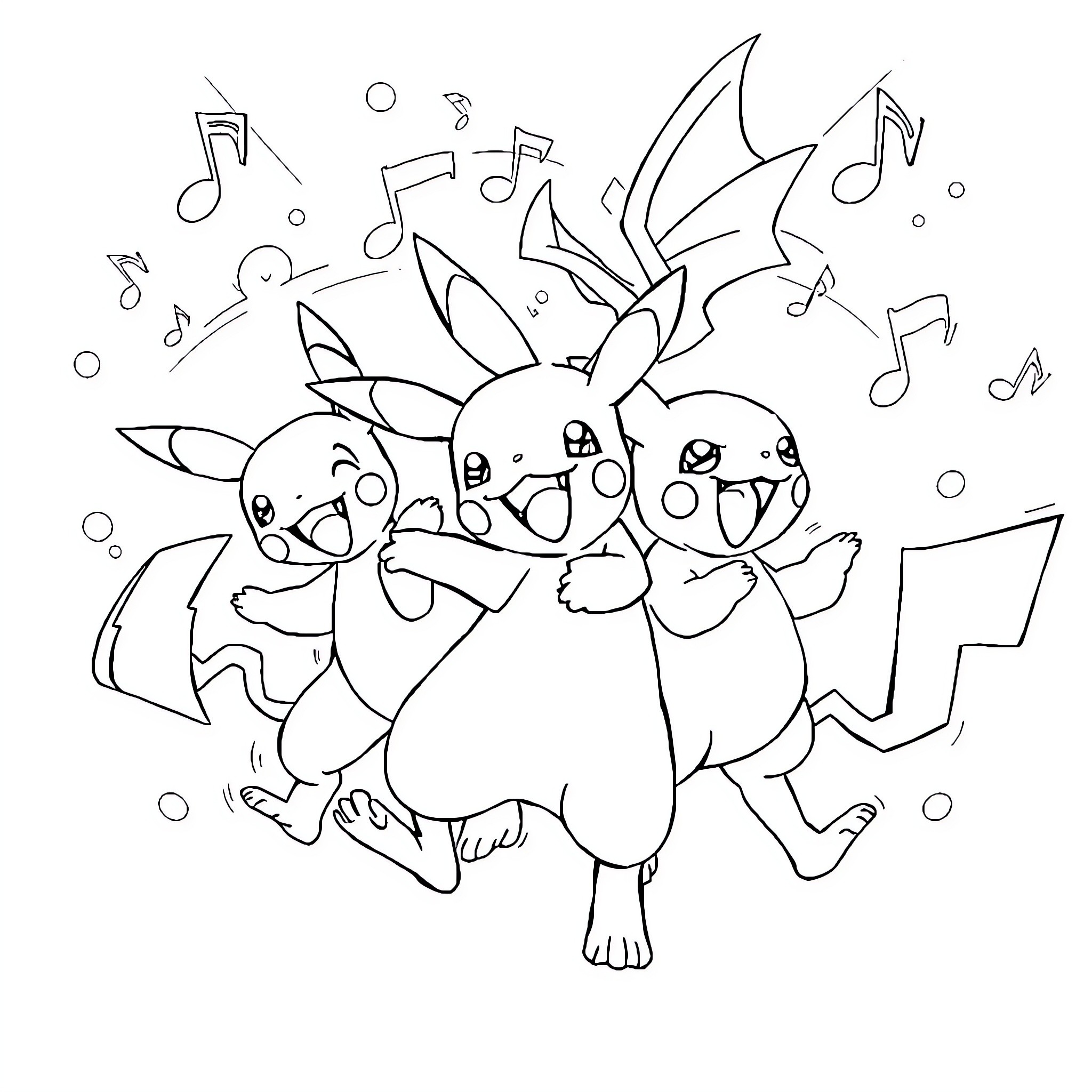 Pokémon characters dancing and singing joyfully Coloring Page (free black-and-white line drawing printable PDF for all, from beginners to advanced learners, including children, teens, adults, and seniors)