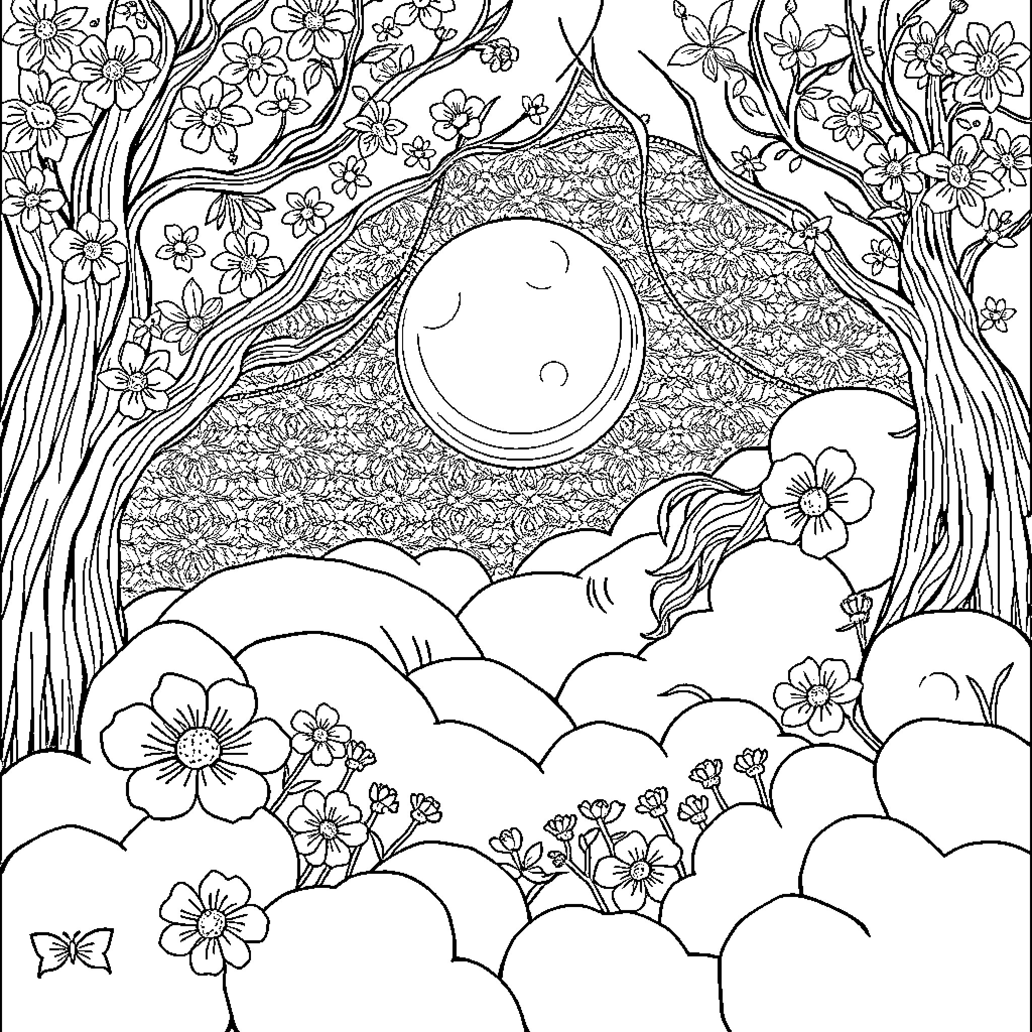 Dream of Whimsical Floral Landscape Coloring Page (free black-and-white line drawing printable PDF for all, from beginners to advanced learners, including children, teens, adults, and seniors)