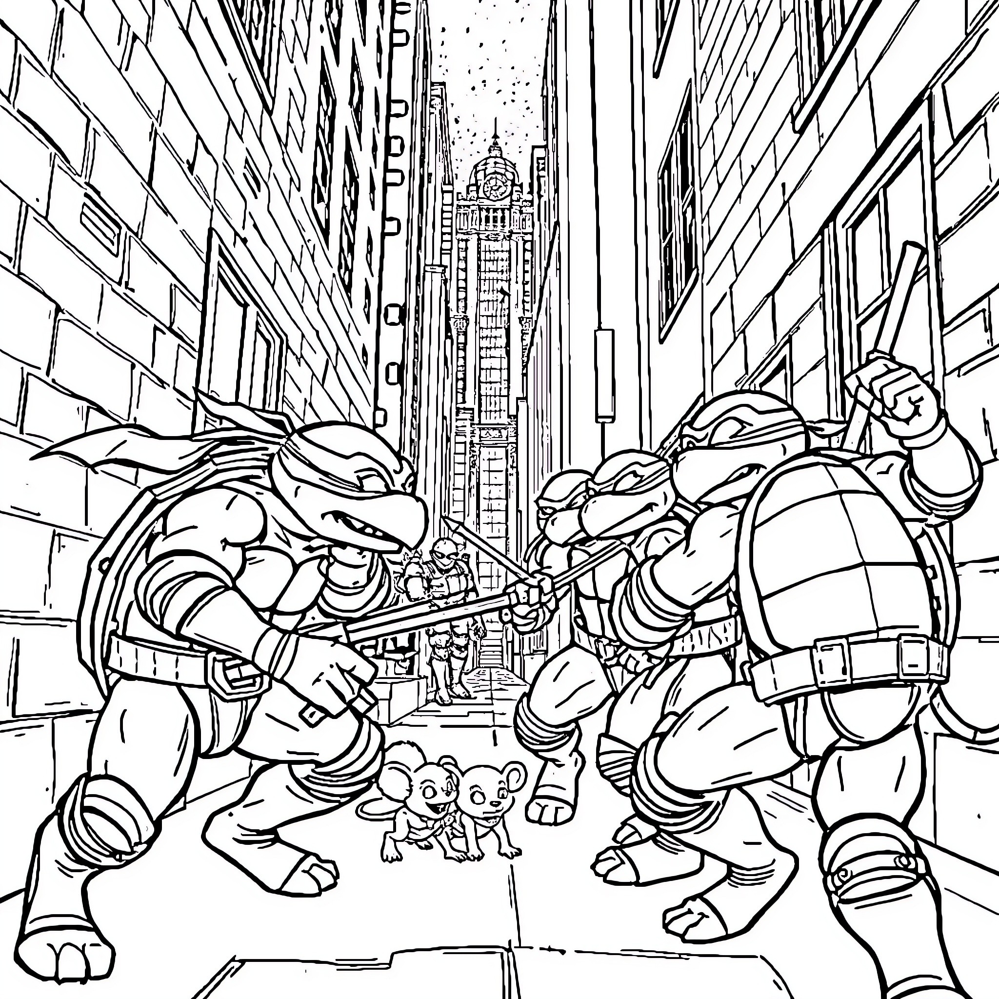 Teenage Mutant Ninja Turtles facing off in the city streets Coloring Page (free black-and-white line drawing printable PDF for all, from beginners to advanced learners, including children, teens, adults, and seniors)