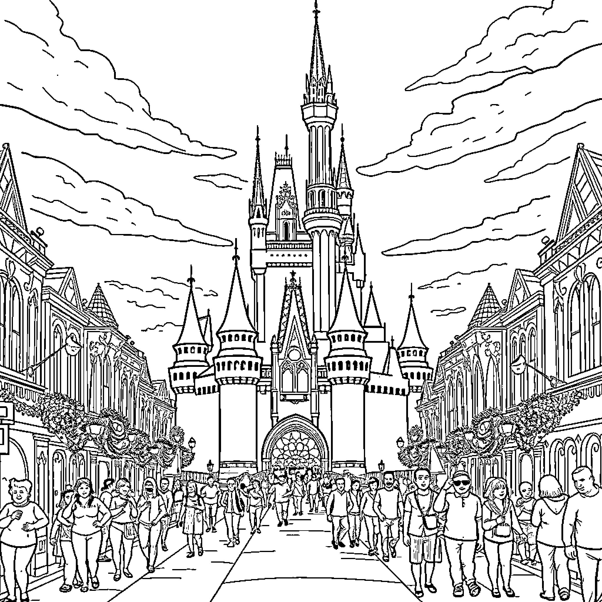Castle Bustling with Visitors in a Magical Setting Coloring Page (free black-and-white line drawing printable PDF for all, from beginners to advanced learners, including children, teens, adults, and seniors)