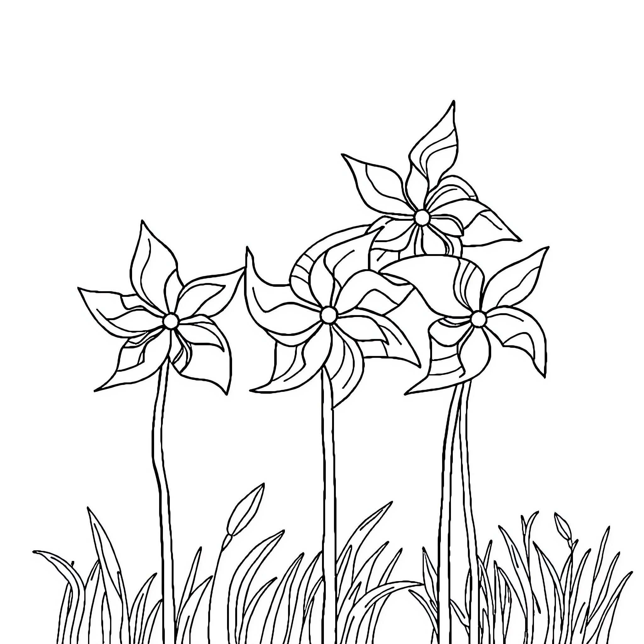 Pinwheel flowers blowing in the wind Coloring Page (free black-and-white line drawing printable PDF for all, from beginners to advanced learners, including children, teens, adults, and seniors)