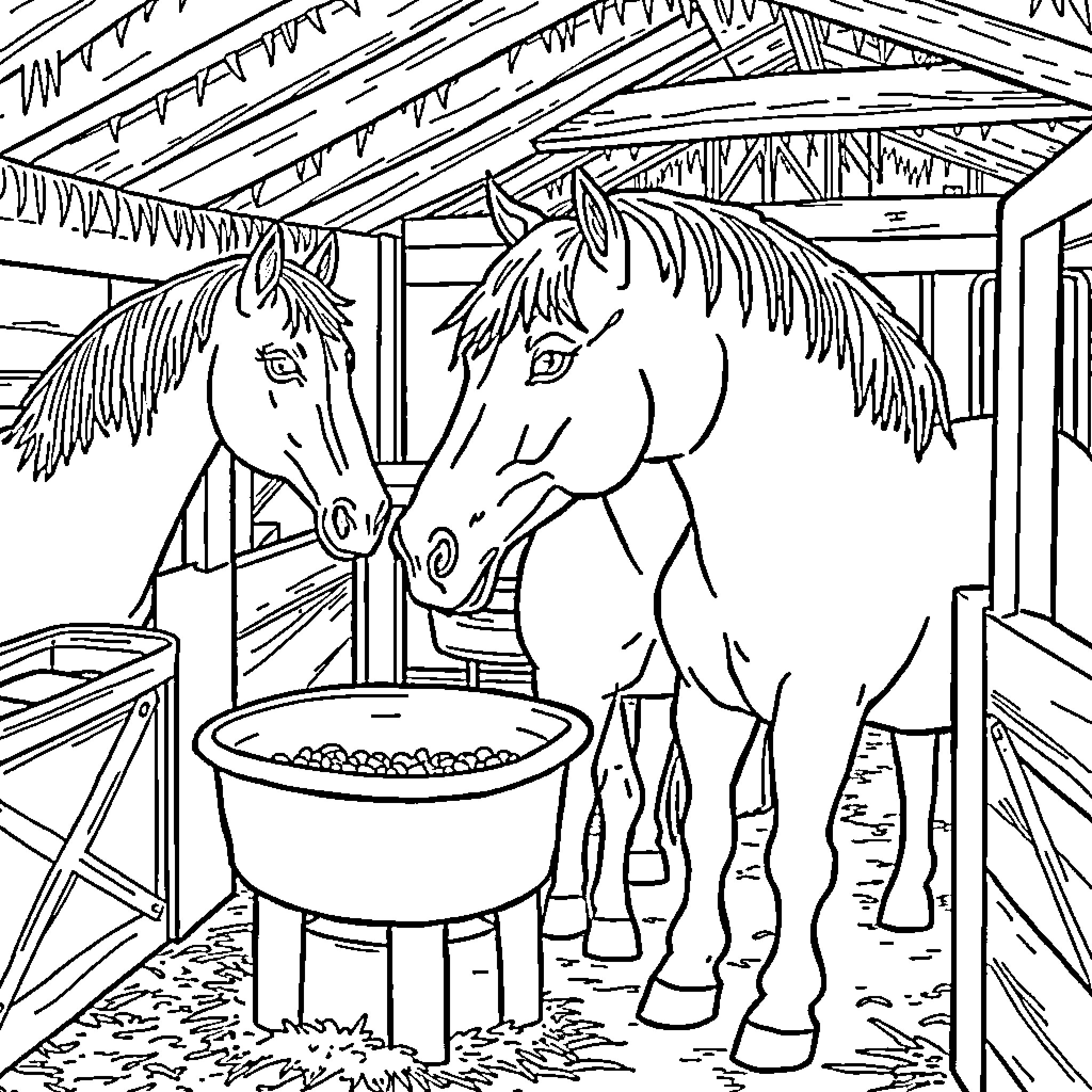 Horses enjoying a meal in the barn Coloring Page (free black-and-white line drawing printable PDF for all, from beginners to advanced learners, including children, teens, adults, and seniors)