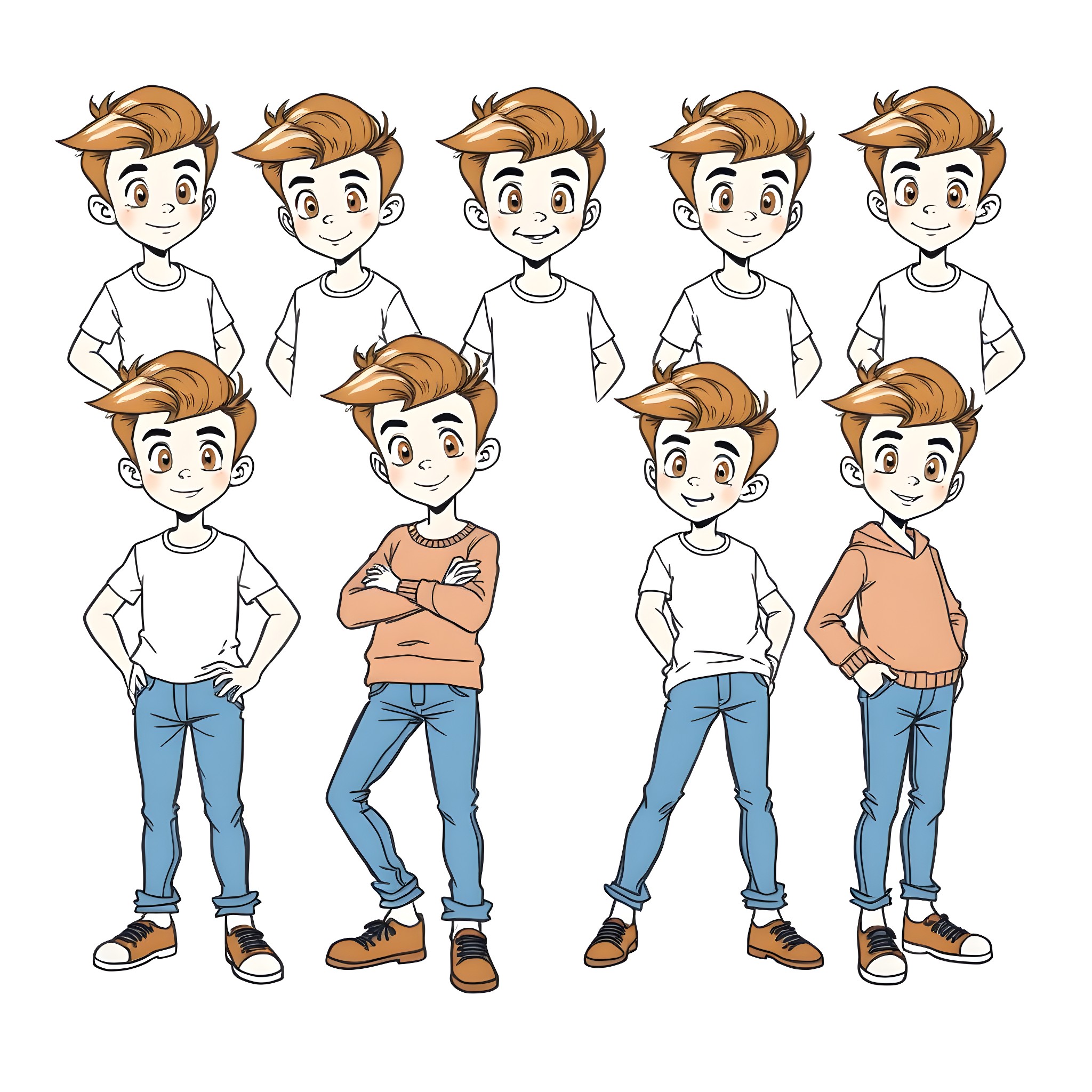 Young Boy in Various Poses and Outfits Coloring Page (free black-and-white line drawing printable PDF for all, from beginners to advanced learners, including children, teens, adults, and seniors)